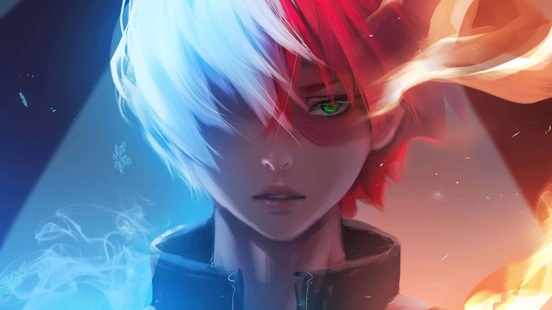 My Hero Academia Anime 桌布 壁紙 — 一個年輕的動漫角色，擁有半藍半紅的頭髮和發光的綠色眼睛，站在旋轉的冰與火之間。