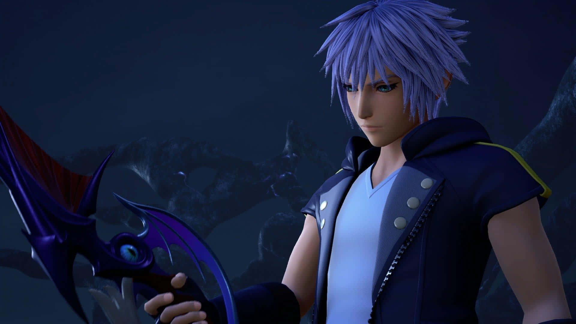 Kingdom Hearts Riku 桌布 壁紙 — 一個年輕的動漫角色，擁有尖刺的紫色頭髮，在黑暗的岩石背景下手持發光的紫色武器。