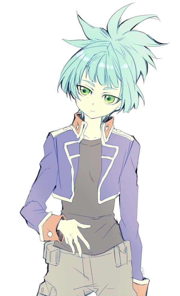 Sora Shiunin 桌布 壁紙 — 一個年輕的動漫角色，擁有尖刺的薄荷綠色頭髮和綠色眼睛，穿著紫色外套，內搭灰色襯衫和米色褲子。