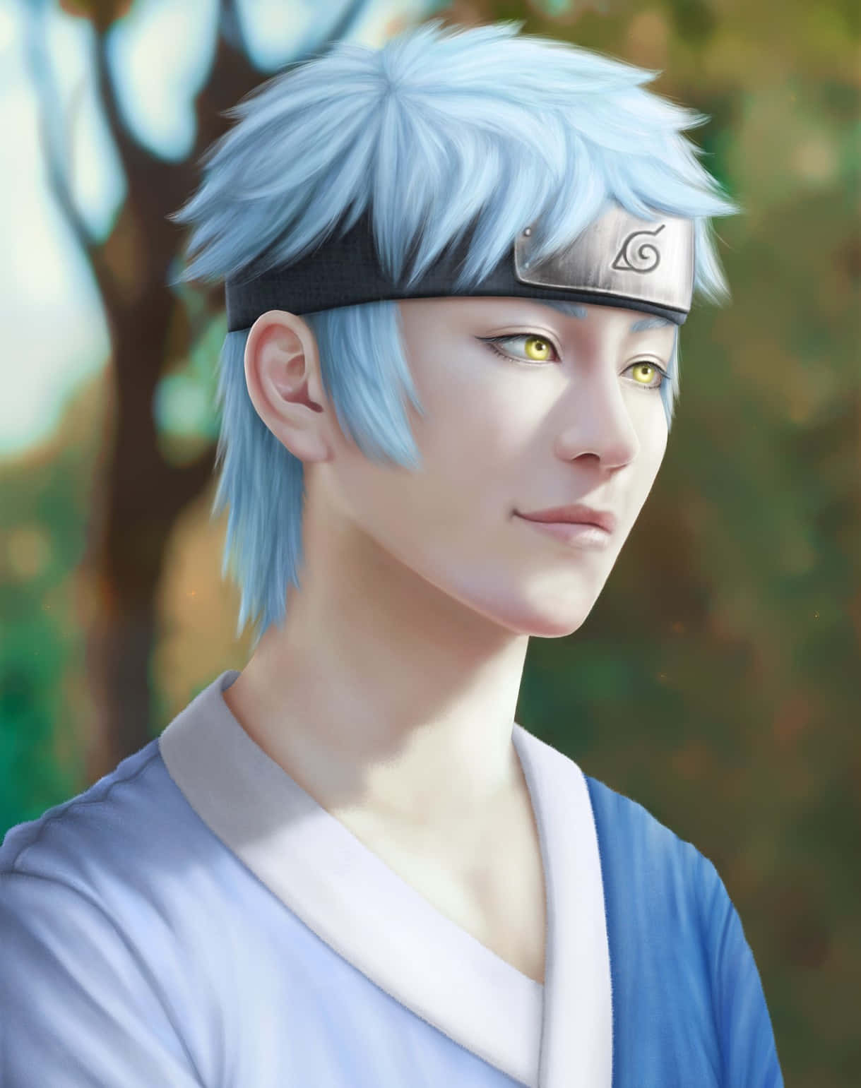 Mitsuki 桌布 壁紙 — 一個年輕的動漫角色，擁有尖刺的藍色頭髮和金色眼睛，戴著頭帶和藍色長袍，背景是模糊的森林。