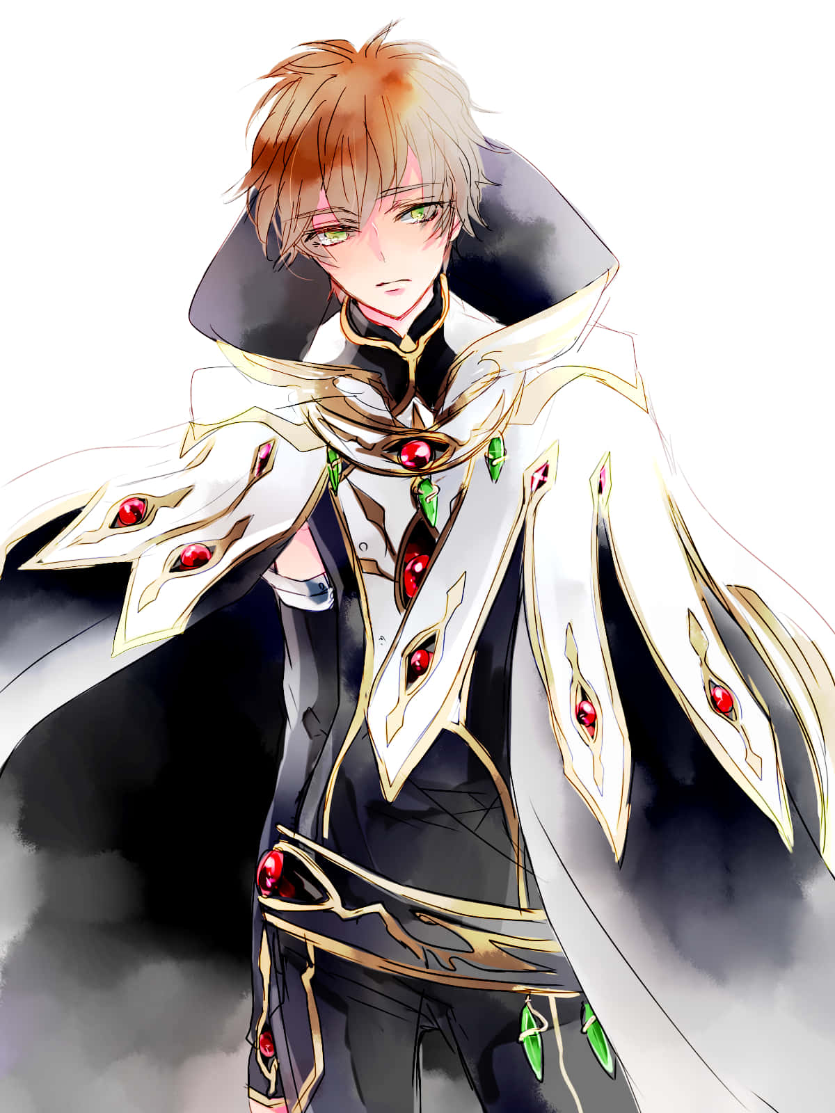 Suzaku Kururugi 桌布 壁紙 — 一個年輕的動漫角色，擁有琥珀色頭髮和綠色眼睛，穿著華麗的白色和黑色斗篷，飾有紅色寶石，背景煙霧繚繞。