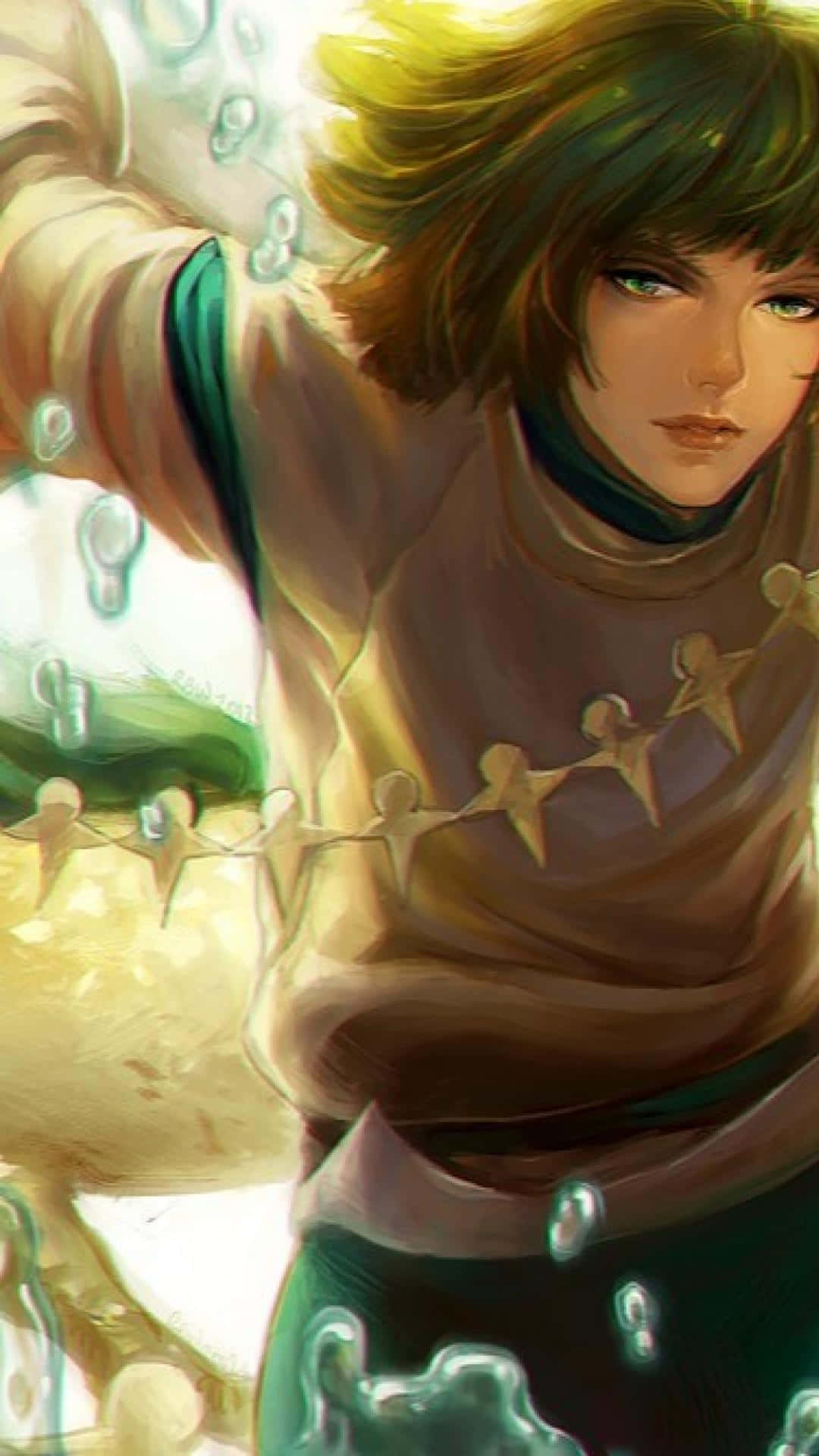 Haku Spirited Away Phone 桌布 壁紙 — 一個年輕的動漫角色，擁有綠色眼睛和飄逸的頭髮，站在柔和金色光芒中閃爍的泡泡之間。