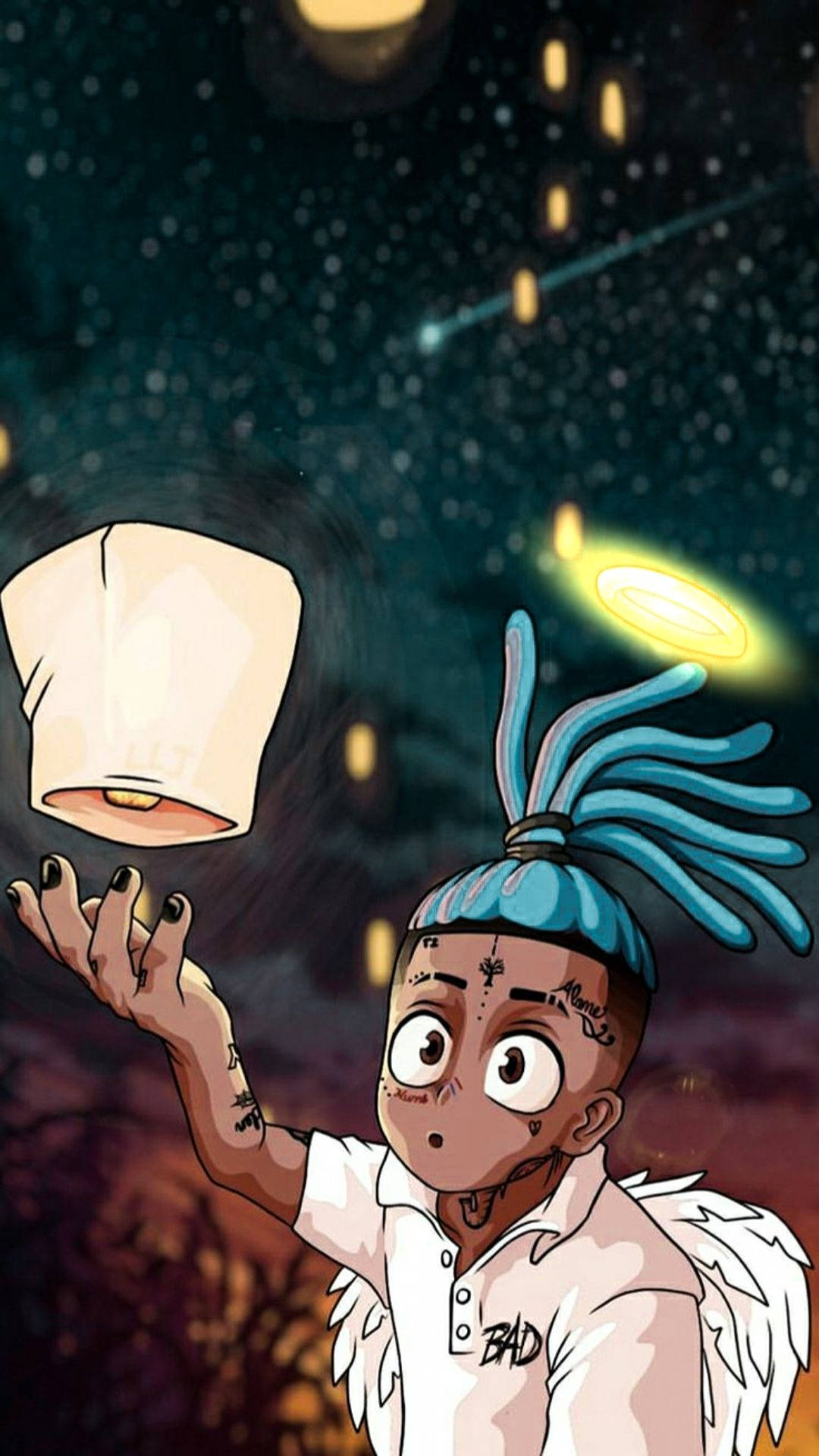 酷酷的xxxtentacion 桌布 壁紙 — 一個年輕的動漫角色，擁有藍色辮子頭和天使翅膀，在繁星點點的夜空中釋放發光的天燈，伴隨著墜落的餘燼。