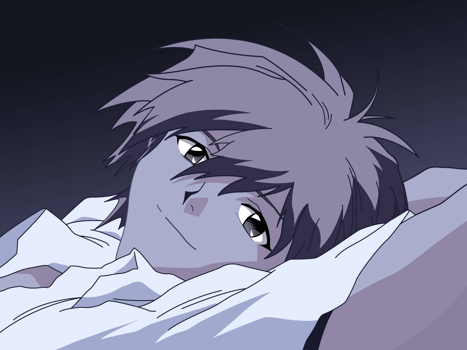 kaworu nagisa 桌布 壁紙 — 一個年輕的動漫角色，有著尖刺的灰色頭髮，躺在白色床單下的床上，在黑暗的背景下睜大眼睛向上凝視。