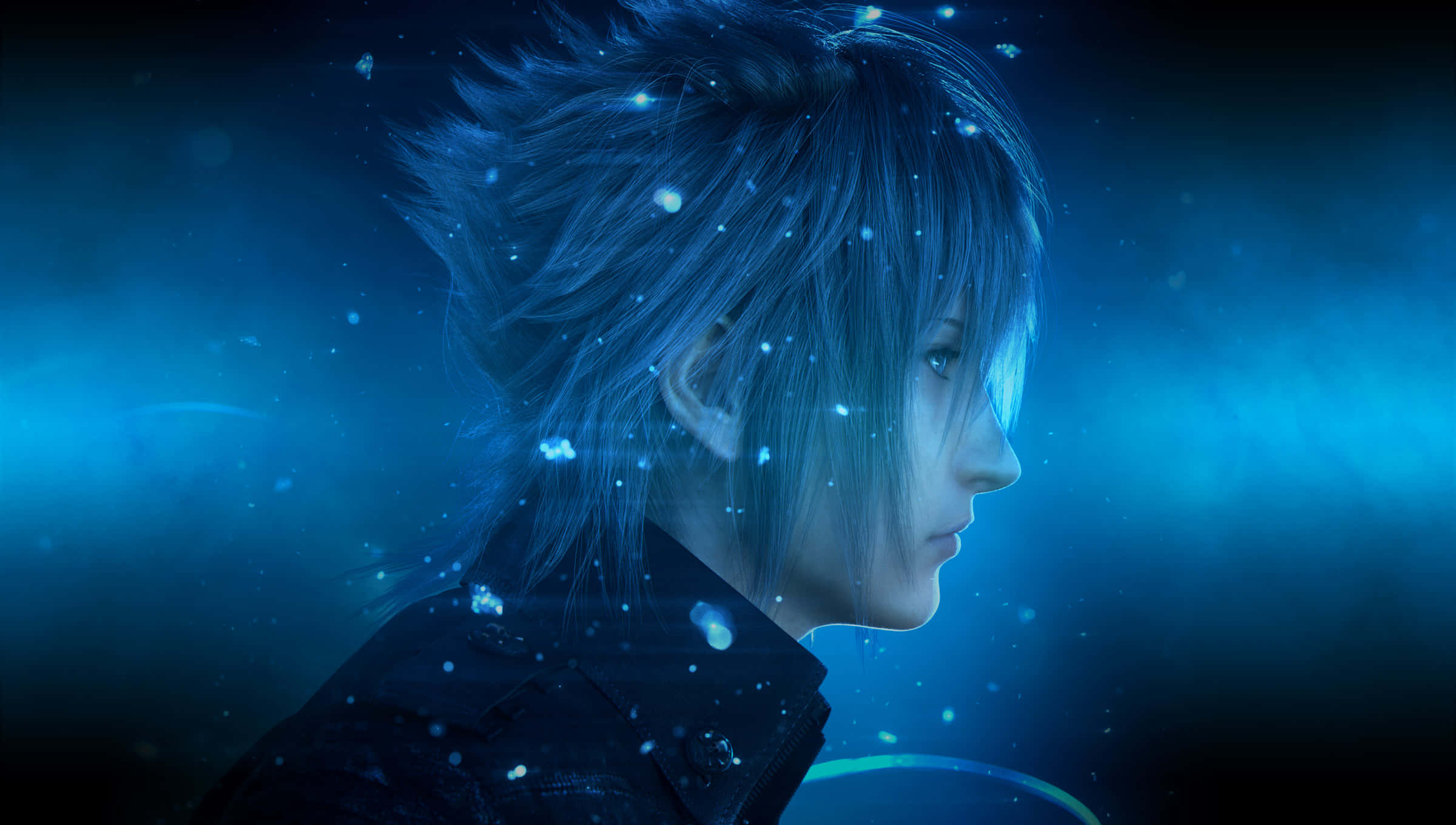 PlayStation 桌布 壁紙 — 一個年輕的動漫角色，有著尖刺的藍色頭髮，在充滿發光粒子的夢幻藍色薄霧中凝視前方。