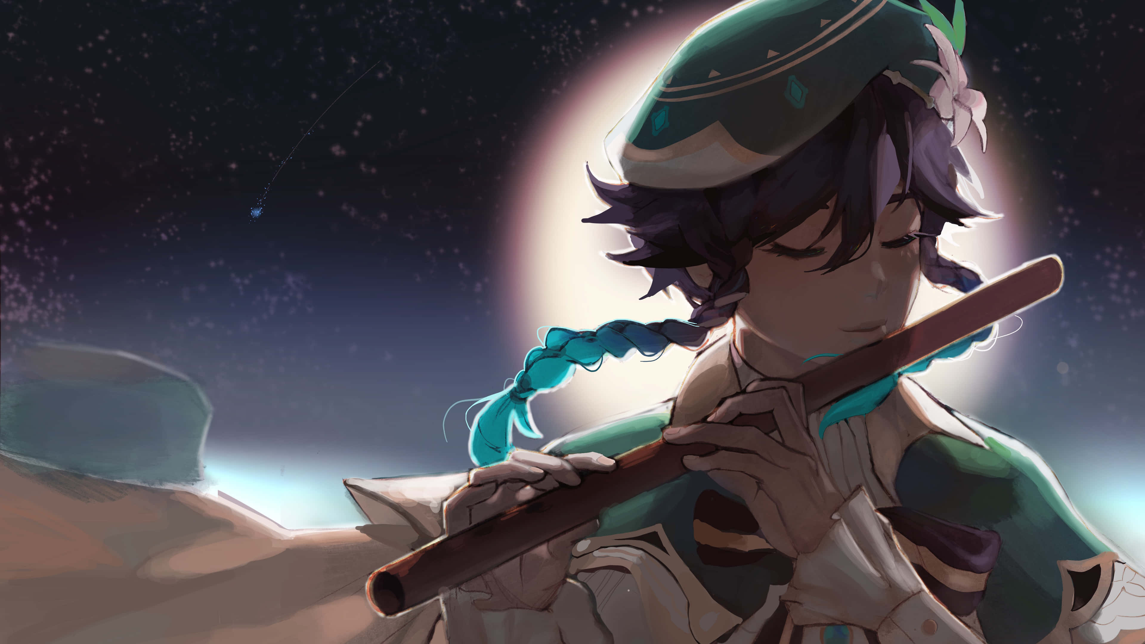 Venti 桌布 壁紙 — 一個年輕的動漫角色，梳著青綠色辮子，在星光燦爛的夜空下，在發光的月亮下吹奏長笛。