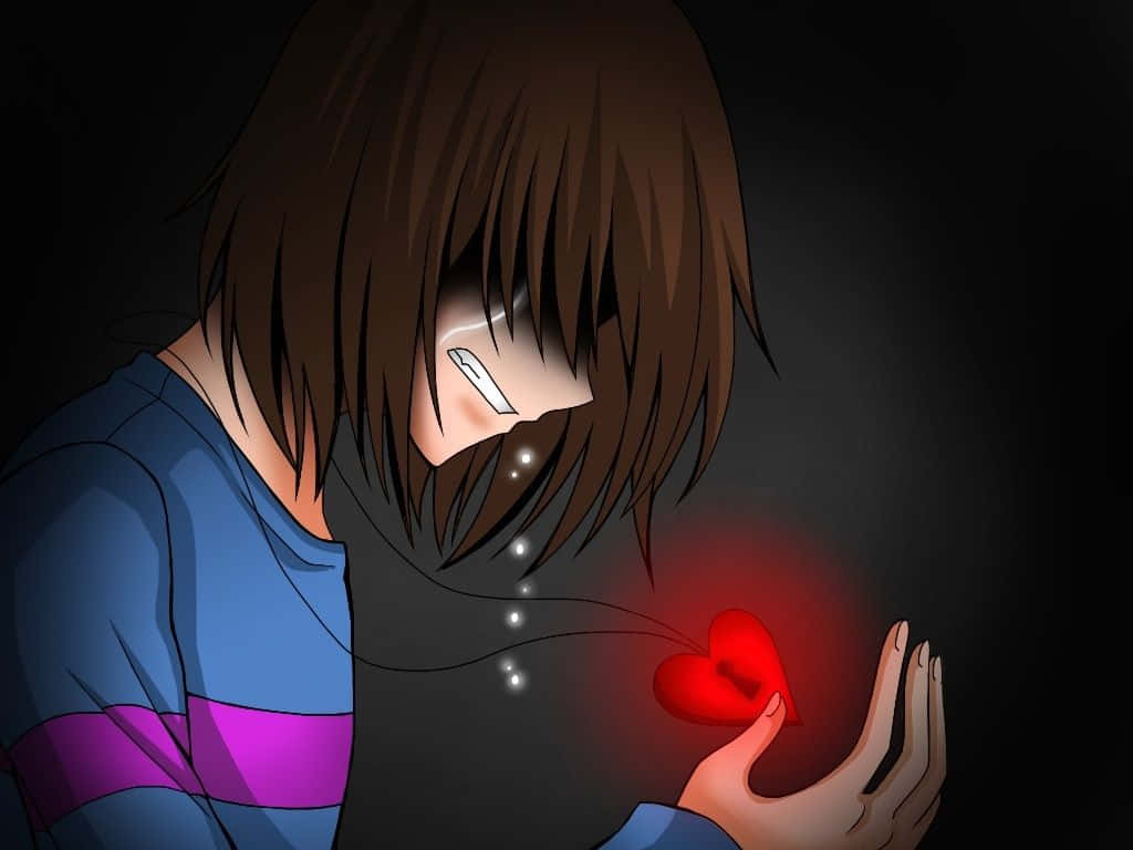 Undertale 桌布 壁紙 — 一個年輕的動漫角色，棕色頭髮，在黑暗的場景中，眼淚從眼睛裡流下來，手中拿著一個發光的紅色心形。