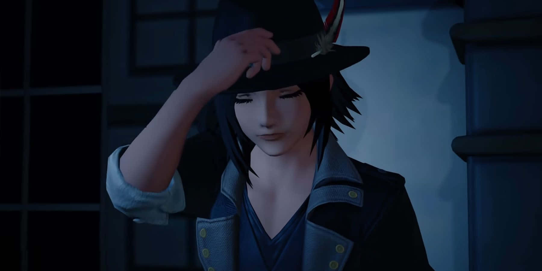 Kingdom Hearts Characters 桌布 壁紙 — 一個年輕的動漫角色，深色頭髮，戴著帽子，在一個光線昏暗、帶有藍色調的房間裡調整頭飾。
