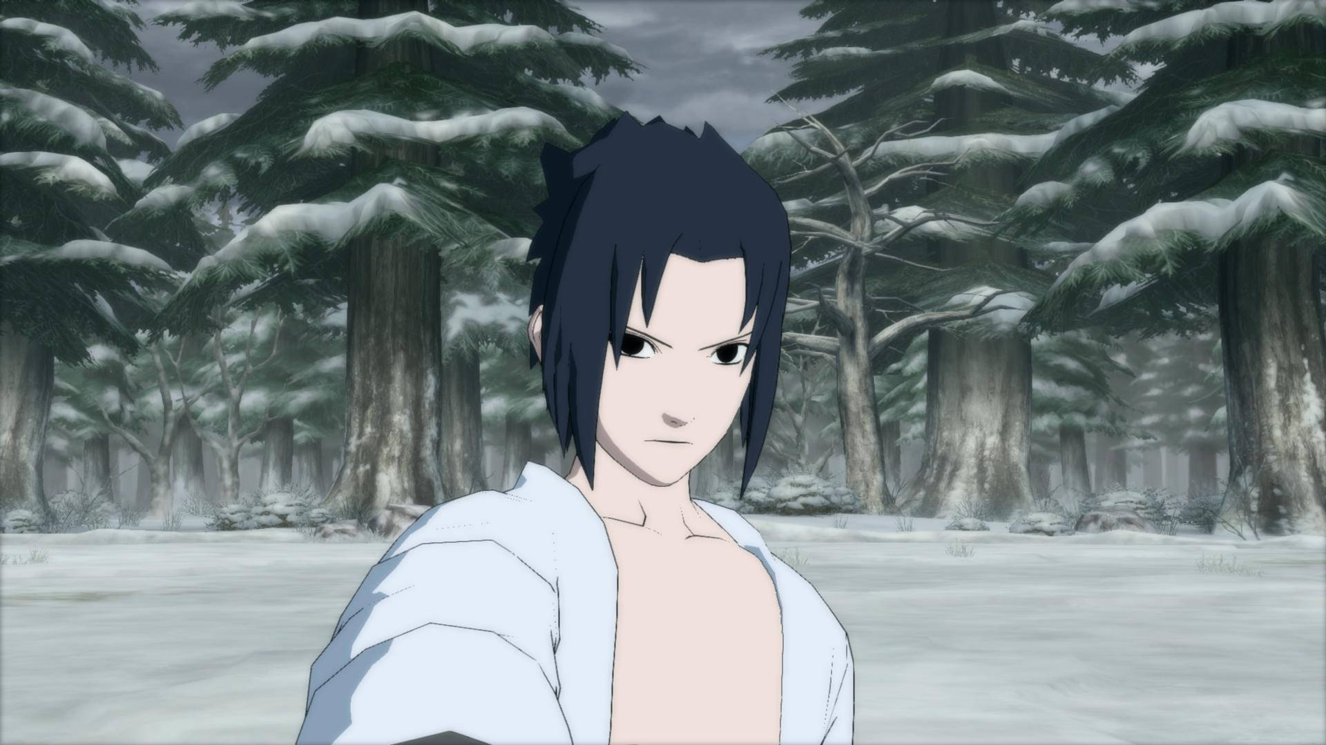 Sasuke 4K 桌布 壁紙 — 一個年輕的動漫角色，深色頭髮，站在雪地森林中，雪覆蓋的松樹下，天空灰濛濛。