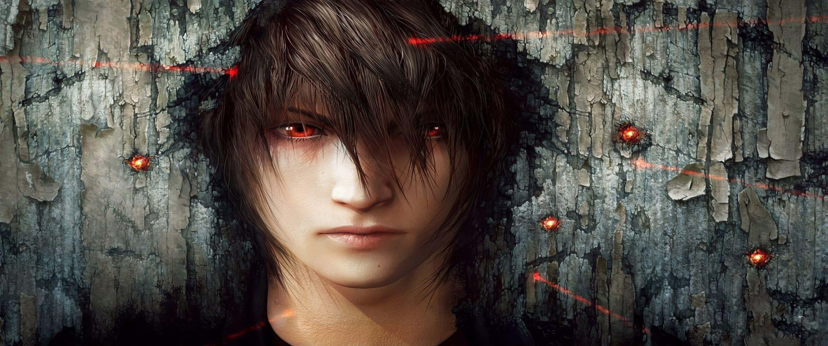 3440x1440p Final Fantasy Xv 桌布 壁紙 — 一個年輕的動漫角色，眼睛發出紅光，透過裂開的樹皮窺視，紅色雷射光束劃過場景。