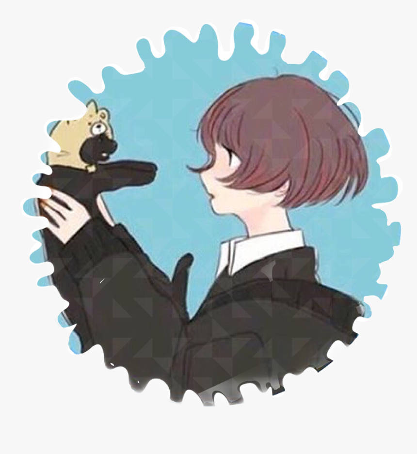 profile pic 桌布 壁紙 — 一個年輕的動漫角色，短棕色頭髮，在藍色幾何背景前拿著一個小巴哥犬玩偶。