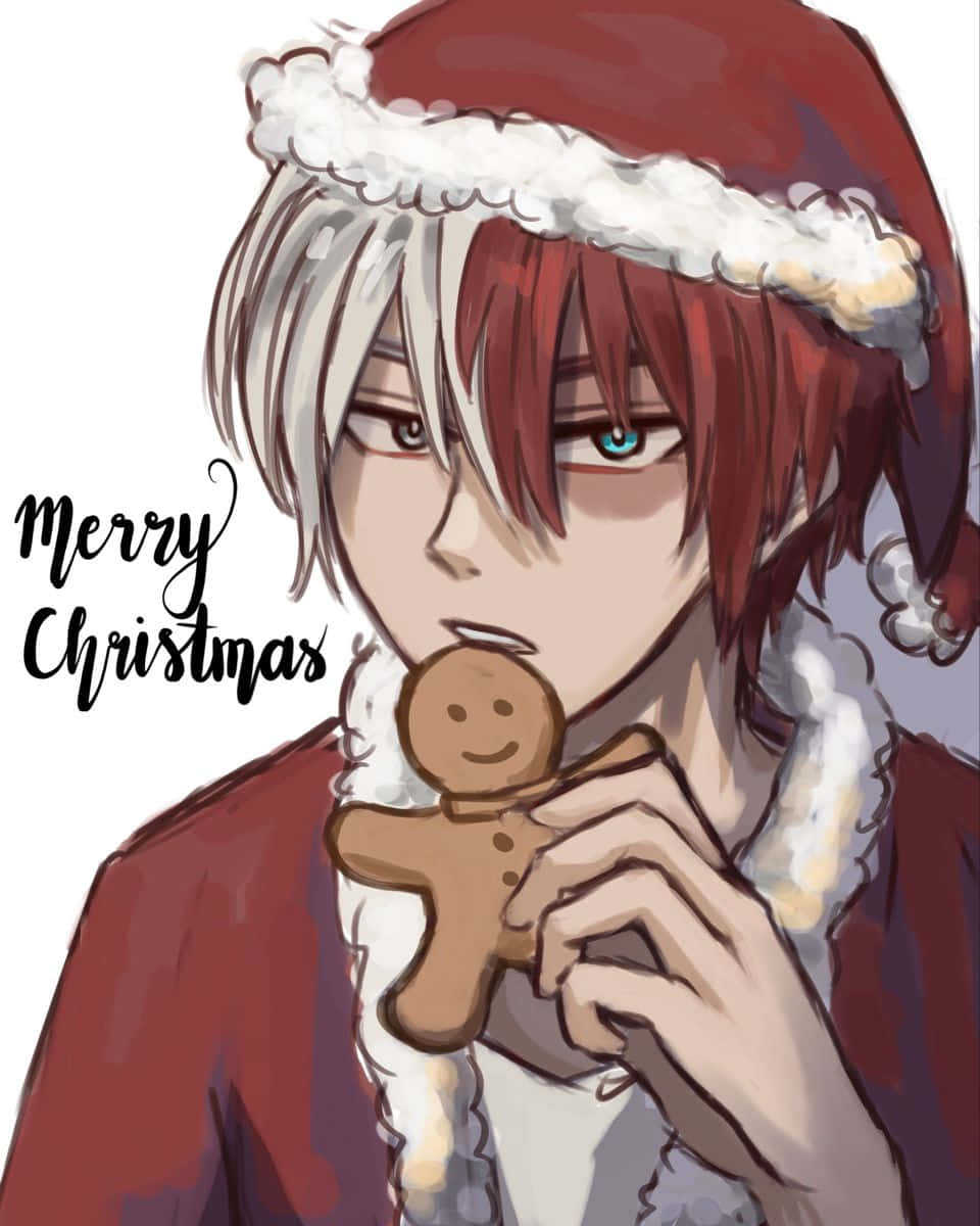 動漫男孩 桌布 壁紙 — 一個年輕的動漫角色，紅白頭髮，戴著聖誕帽，拿著一個微笑的薑餅人餅乾。