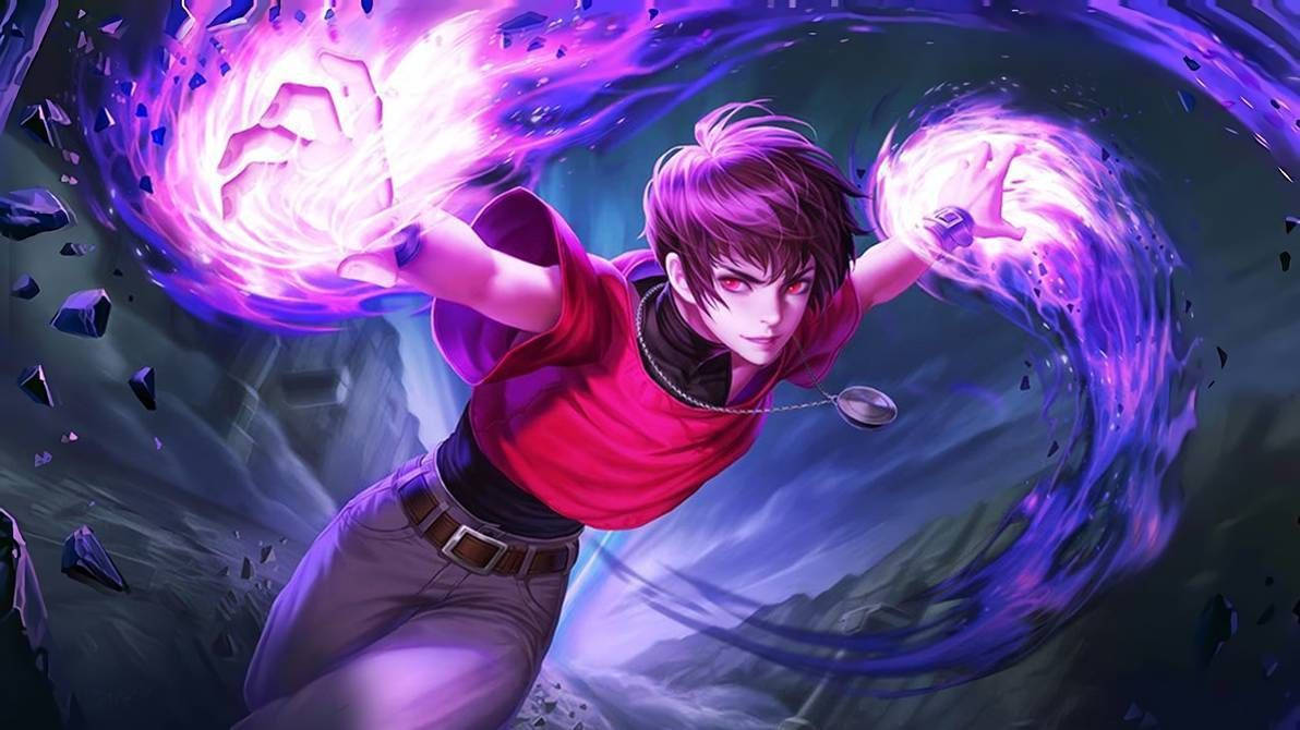 動漫角色以動態姿勢揮舞著發光的紫色能量球。 — Mobile Legends 動態圖 壁紙
