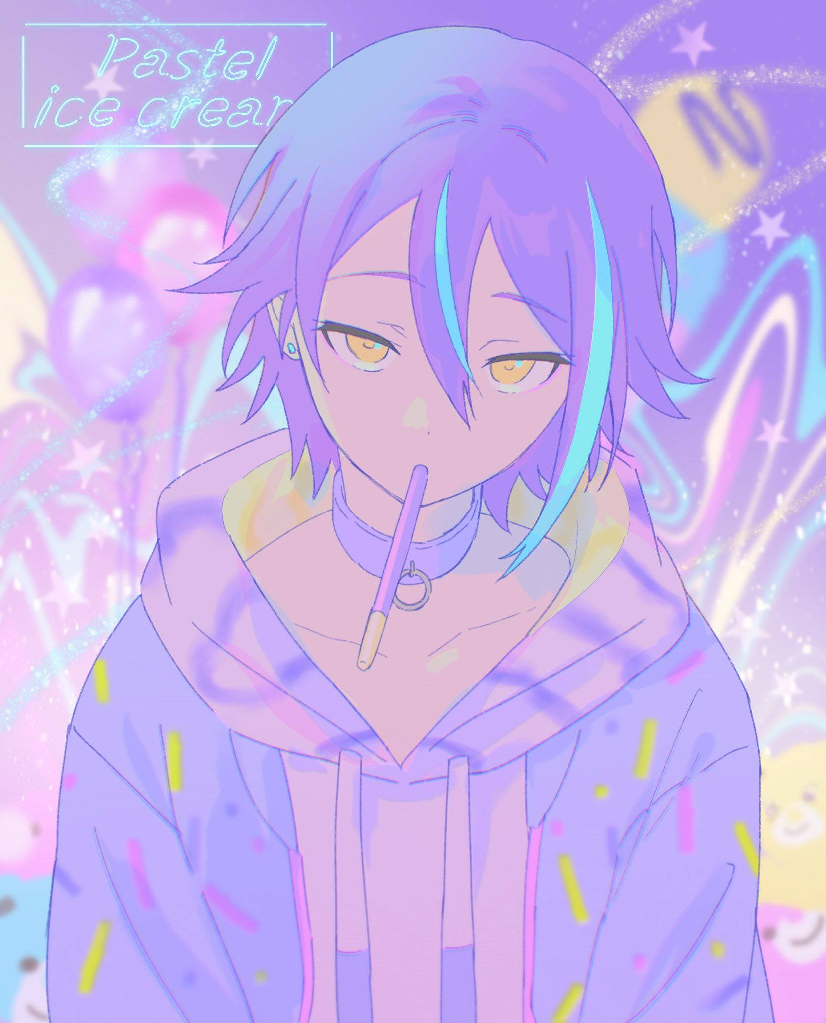 Pastel Goth 桌布 壁紙 — 一個年輕的動漫角色，紫色頭髮和黃色眼睛，在夢幻的宇宙背景下啜飲著粉彩冰淇淋。