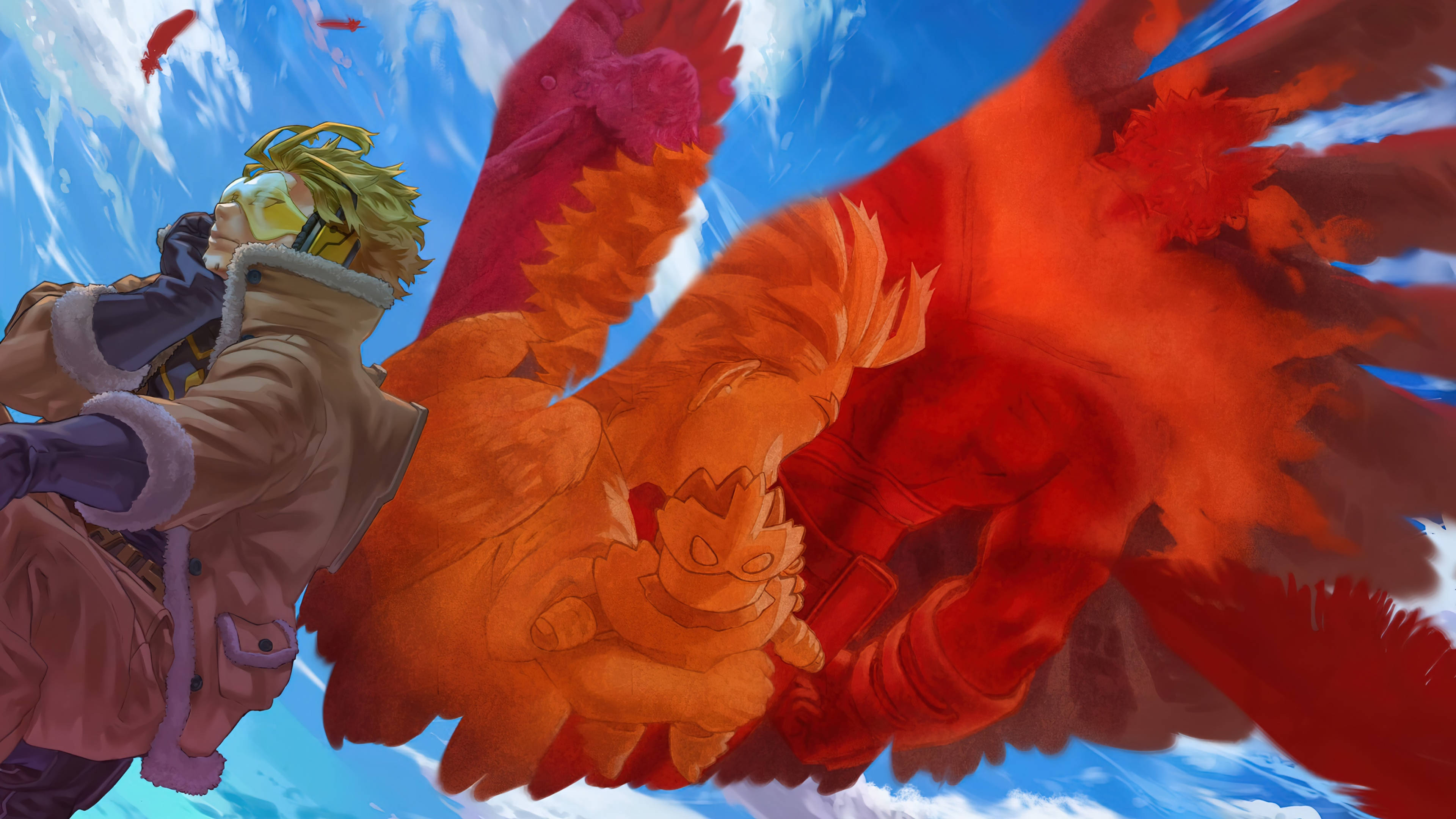 Hawks My Hero Academia 桌布 壁紙 — 一個年輕的動漫角色，綠色頭髮，騎著一隻巨大的火紅鳳凰，背景是明亮的藍天和白雲。