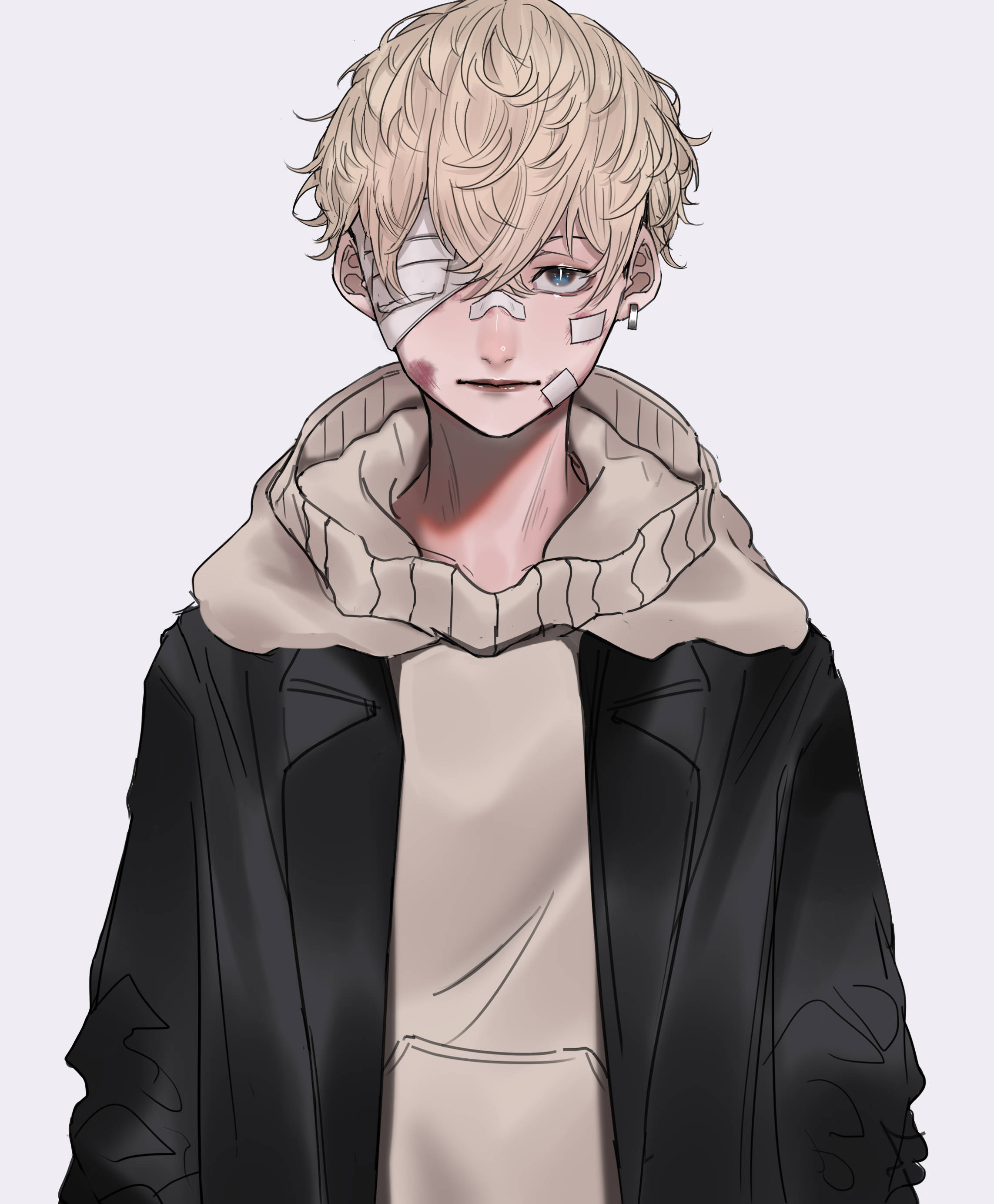 chifuyu matsuno 桌布 壁紙 — 一個年輕的動漫角色，金髮，臉上纏著繃帶，在純色背景前穿著黑色外套和米色連帽衫。