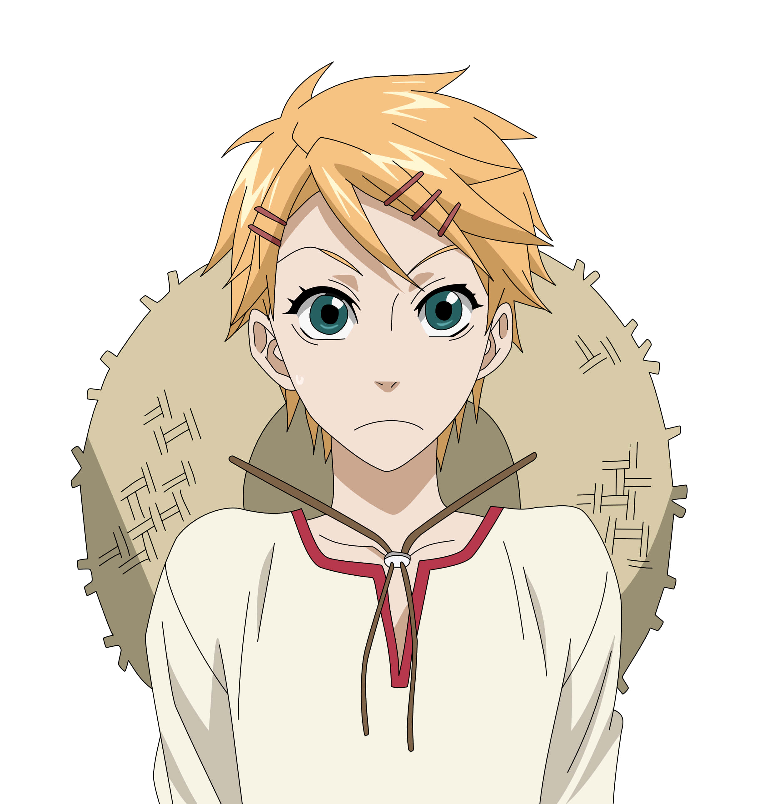 Finnian 桌布 壁紙 — 一個年輕的動漫角色，金髮藍眼，穿著米色連帽衫，帶紅色飾邊，背景為純白色。