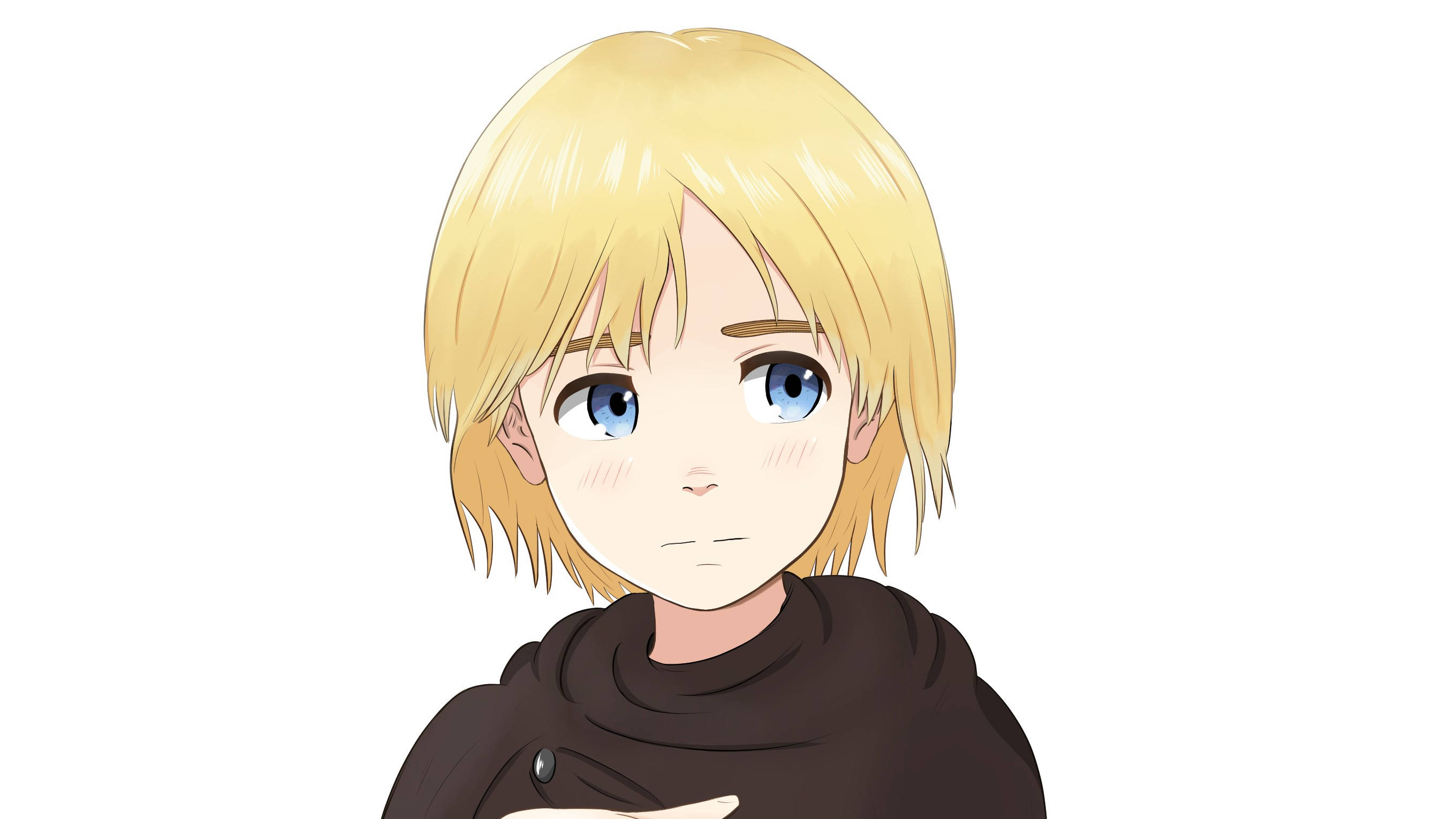 Armin 桌布 壁紙 — 一個年輕的動漫角色，金髮藍眼，穿著棕色連帽衣服，背景是純白色。