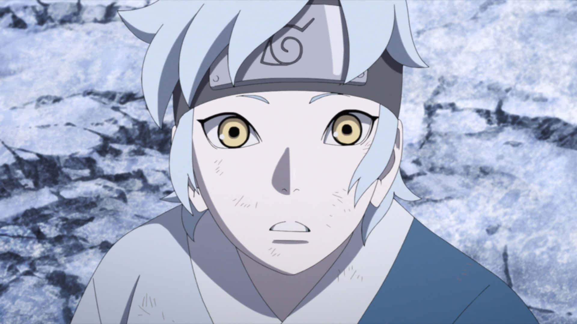 Mitsuki 桌布 壁紙 — 一個年輕的動漫角色，銀色頭髮和金色眼睛，在雪地岩石背景下專注地凝視。