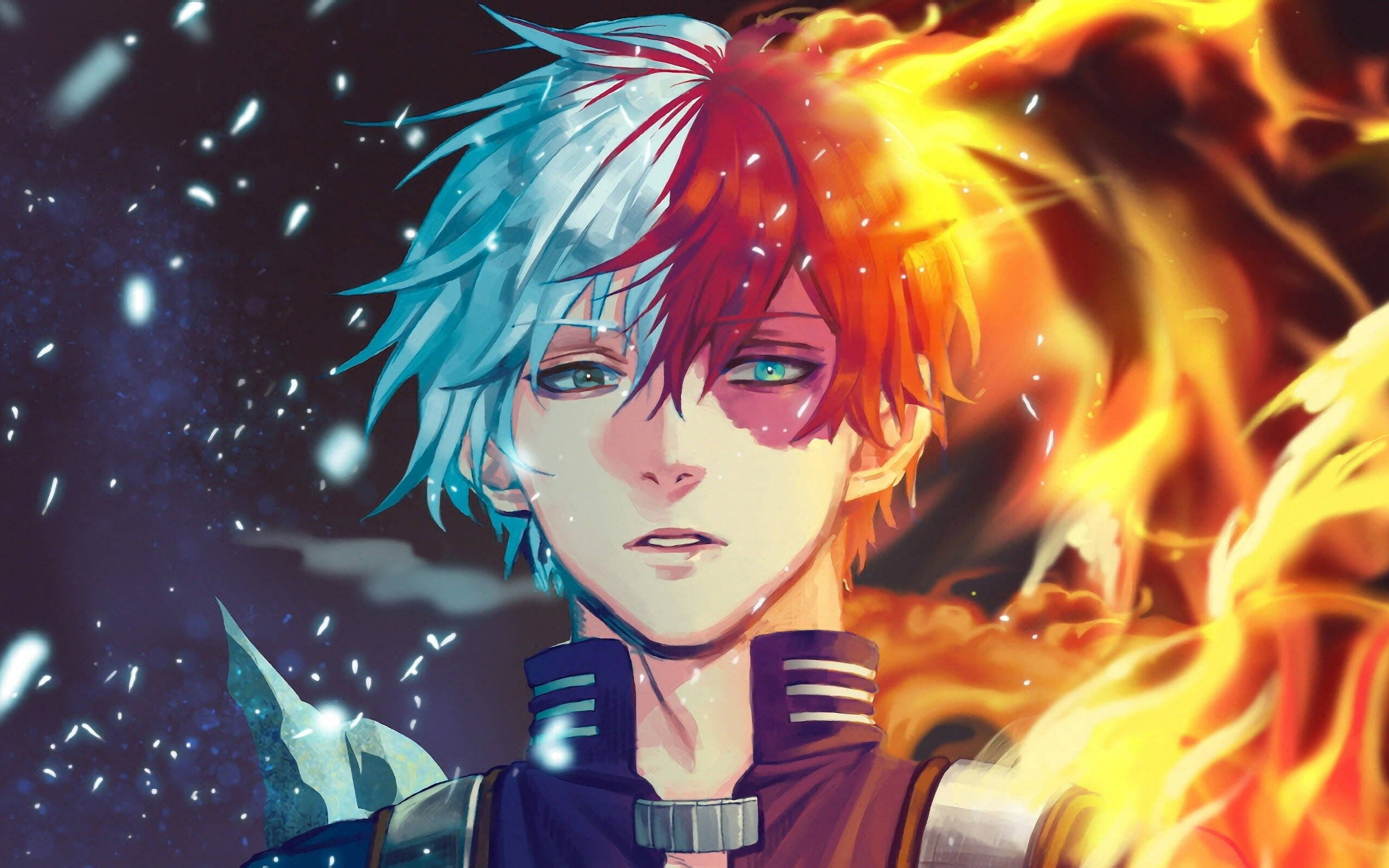 Fire Anime 桌布 壁紙 — 一個年輕的動漫角色，頭髮半藍半紅，站在宇宙背景下，火焰和雪花在他周圍旋轉。