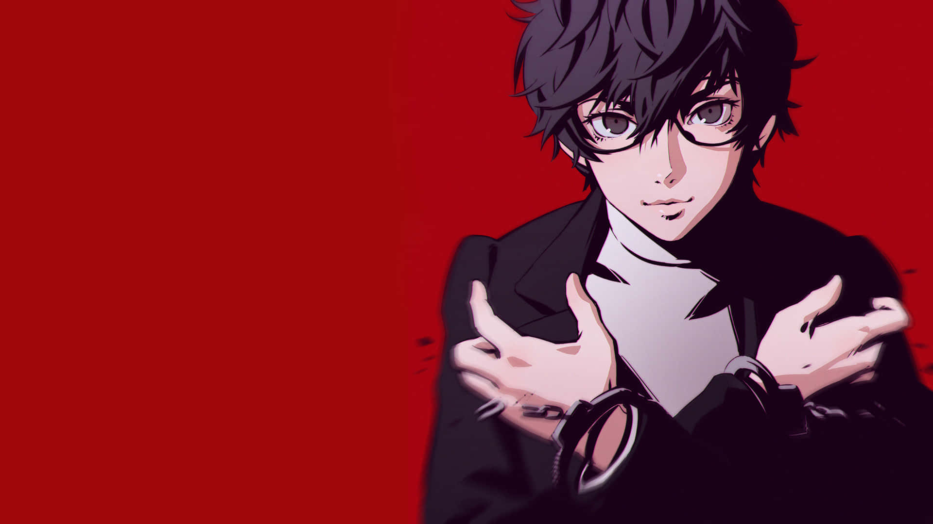ren amamiya 桌布 壁紙 — 一個年輕的動漫角色，黑髮戴眼鏡，站在鮮紅色的背景前，雙手向外做手勢，手腕上可見手銬。