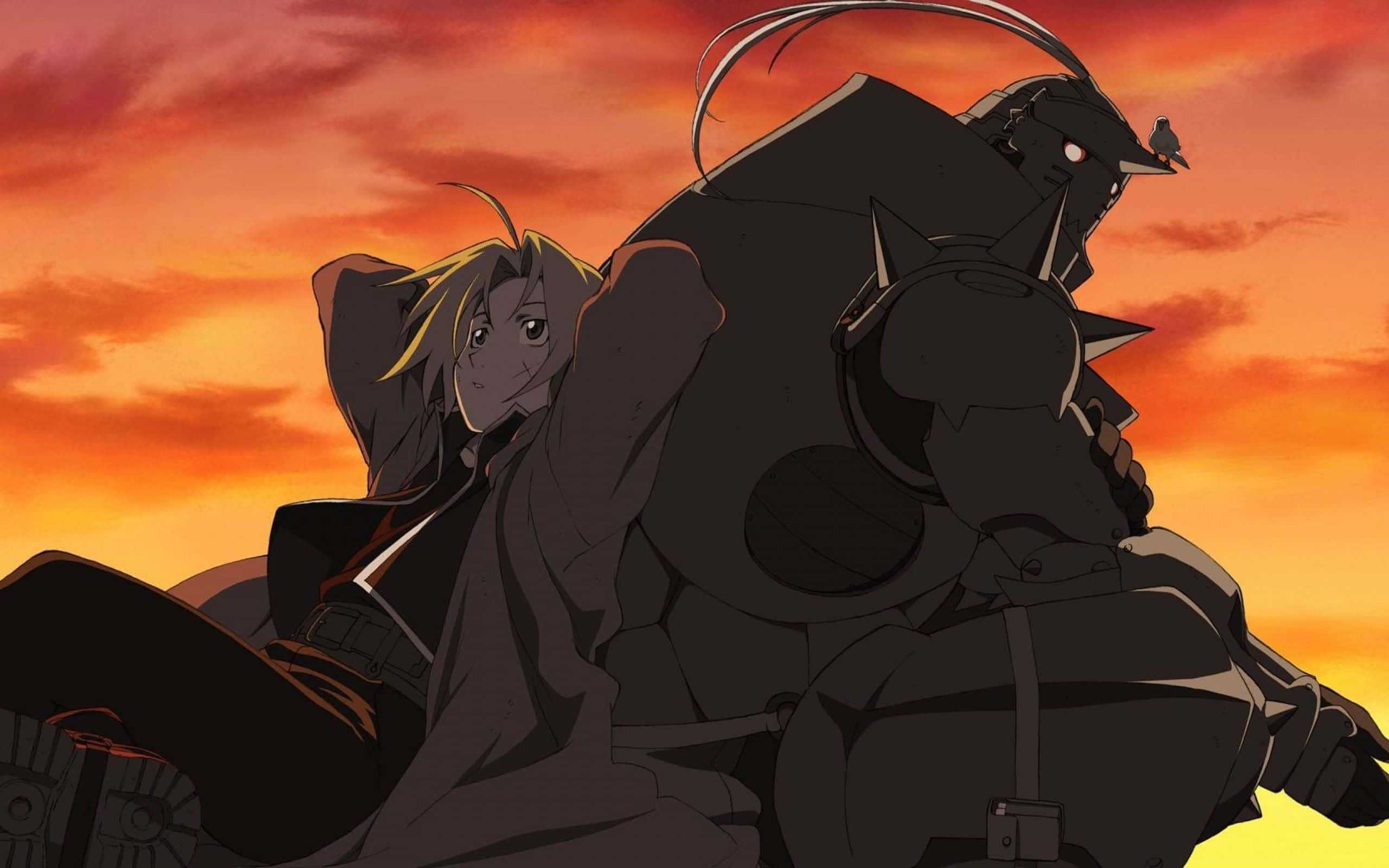 edward elric 桌布 壁紙 — 一個年輕的動漫角色倚靠著一個巨大的裝甲機器人，背景是火紅的日落天空。
