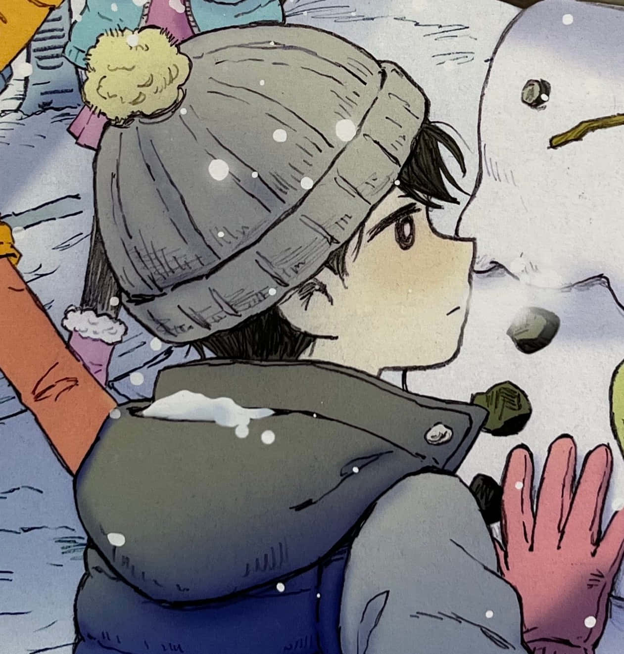 穿著冬季外套和帽子的孩子在飄雪中觸摸雪人。 — 雪人 壁紙