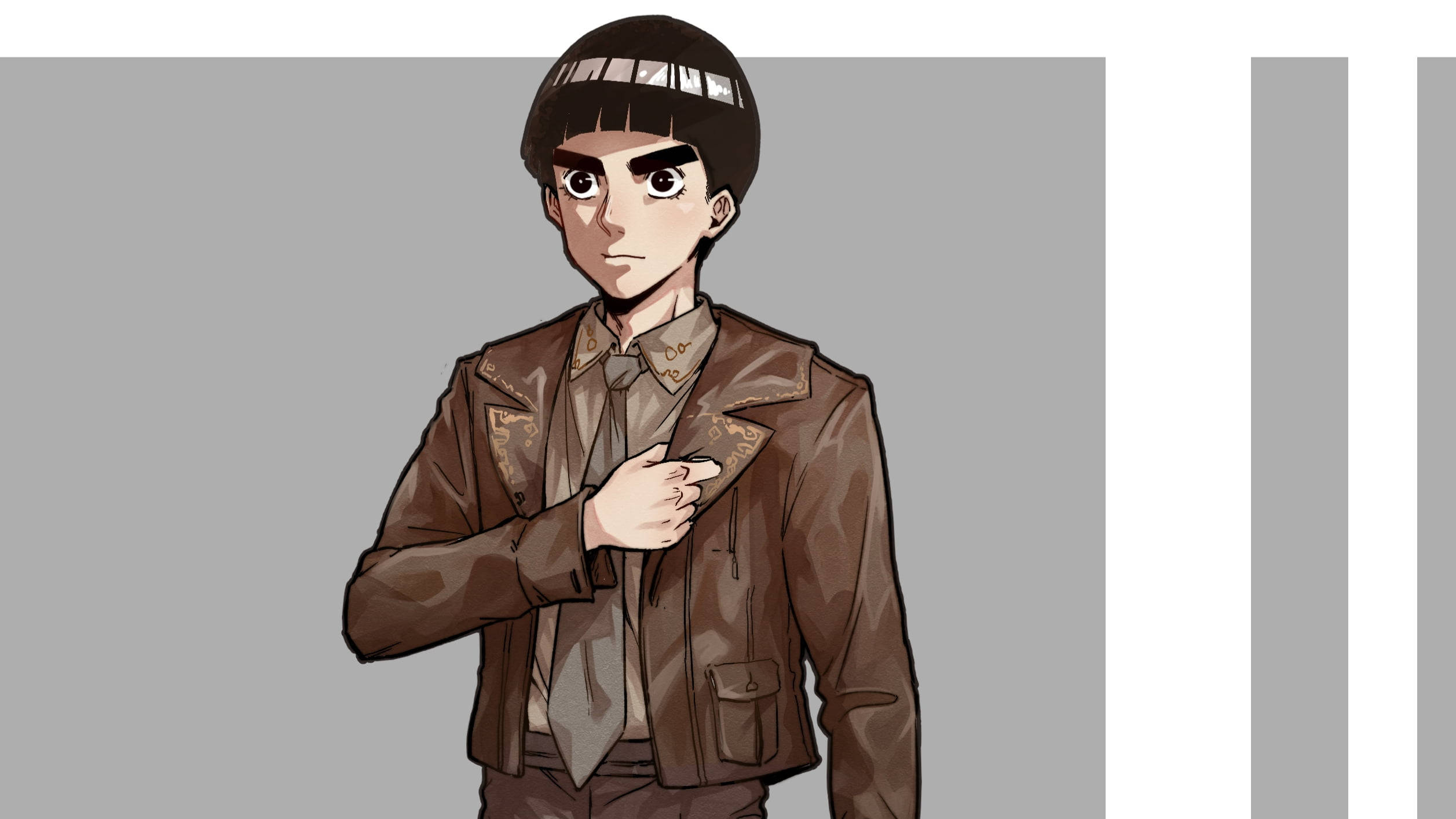 Rock Lee 桌布 壁紙 — 一個年輕的動漫角色穿著棕色外套和頭帶，手放在胸前，站在純灰色背景前。