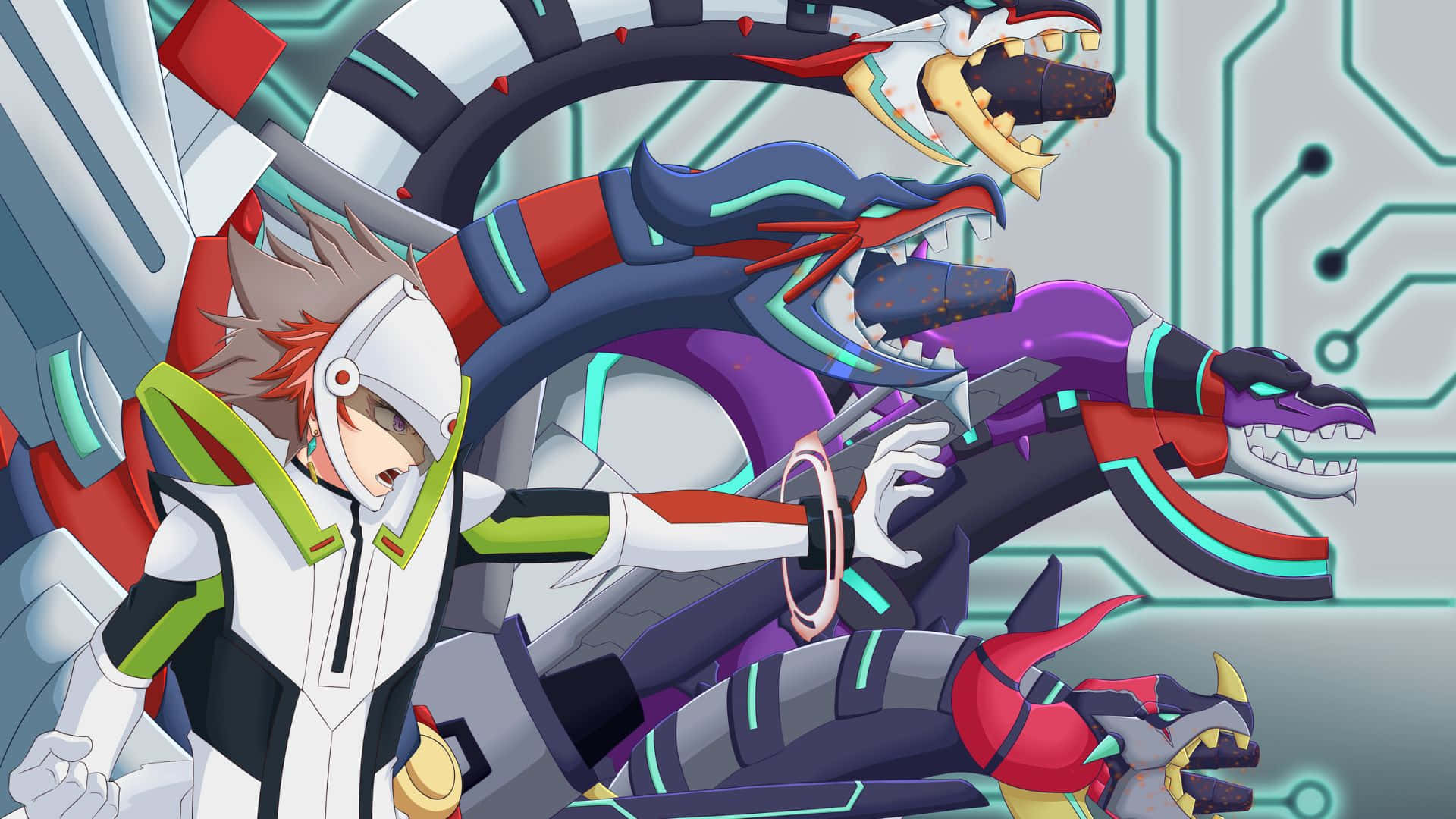 Ryoken Kogami 桌布 壁紙 — 一個年輕的動漫角色穿著白色西裝，在發光的電路板背景下與三個機械龍狀生物戰鬥。