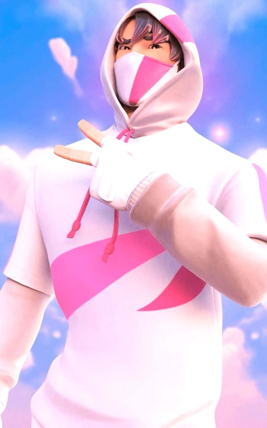 Fortnite Ikonik Skin 桌布 壁紙 — 一個年輕的動漫角色穿著粉紅色和白色的連帽衫，在夢幻的粉彩天空下做出和平手勢。