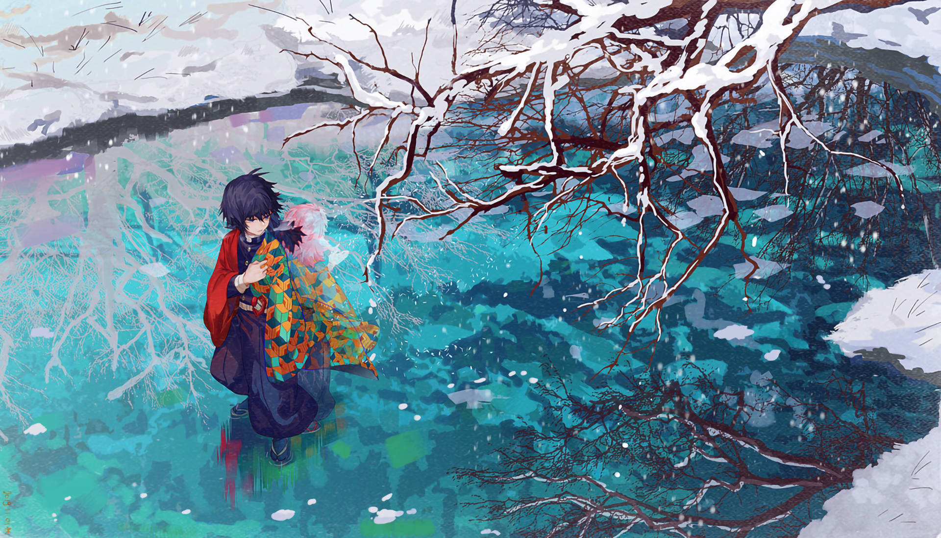 Giyuu 桌布 壁紙 — 一個年輕的動漫角色穿著紅色和服，站在冰雪藍色的水中，上方是積雪的樹枝，構成一個雪白的冬季場景。