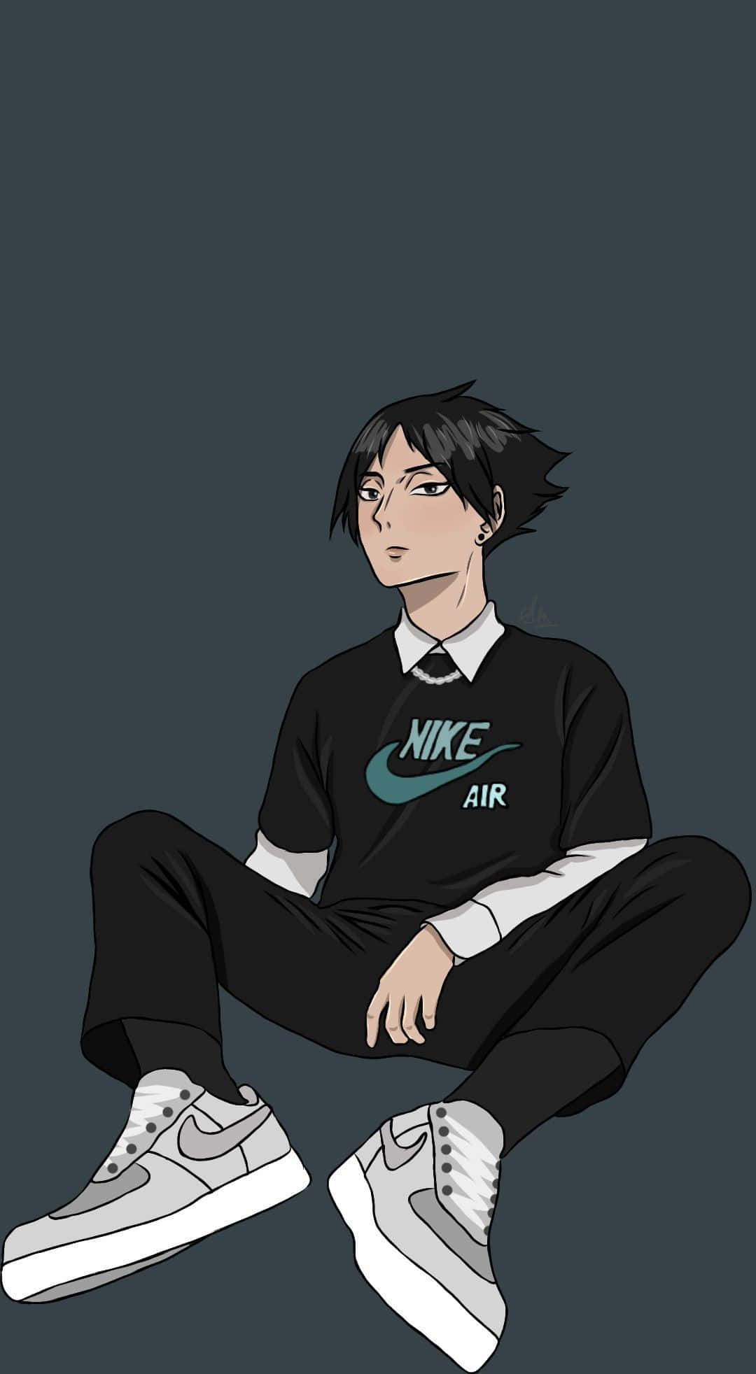 排球少年 桌布 壁紙 — 一個年輕的動漫角色穿著黑色Nike服裝，盤腿坐在深灰色背景前。