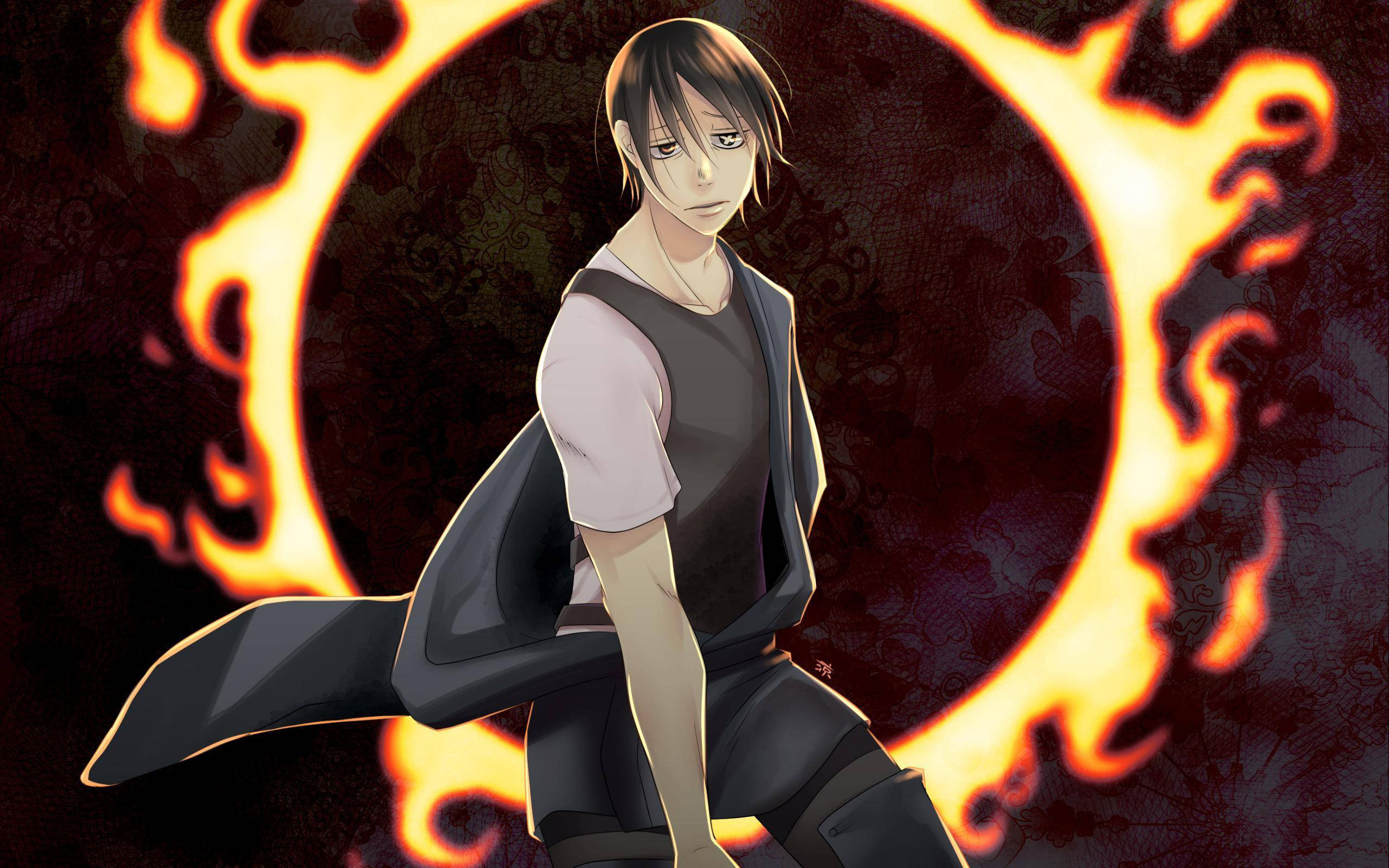 Fire Anime 桌布 壁紙 — 一個年輕的動漫角色站在一個燃燒的火環前，背景是黑暗而華麗的。