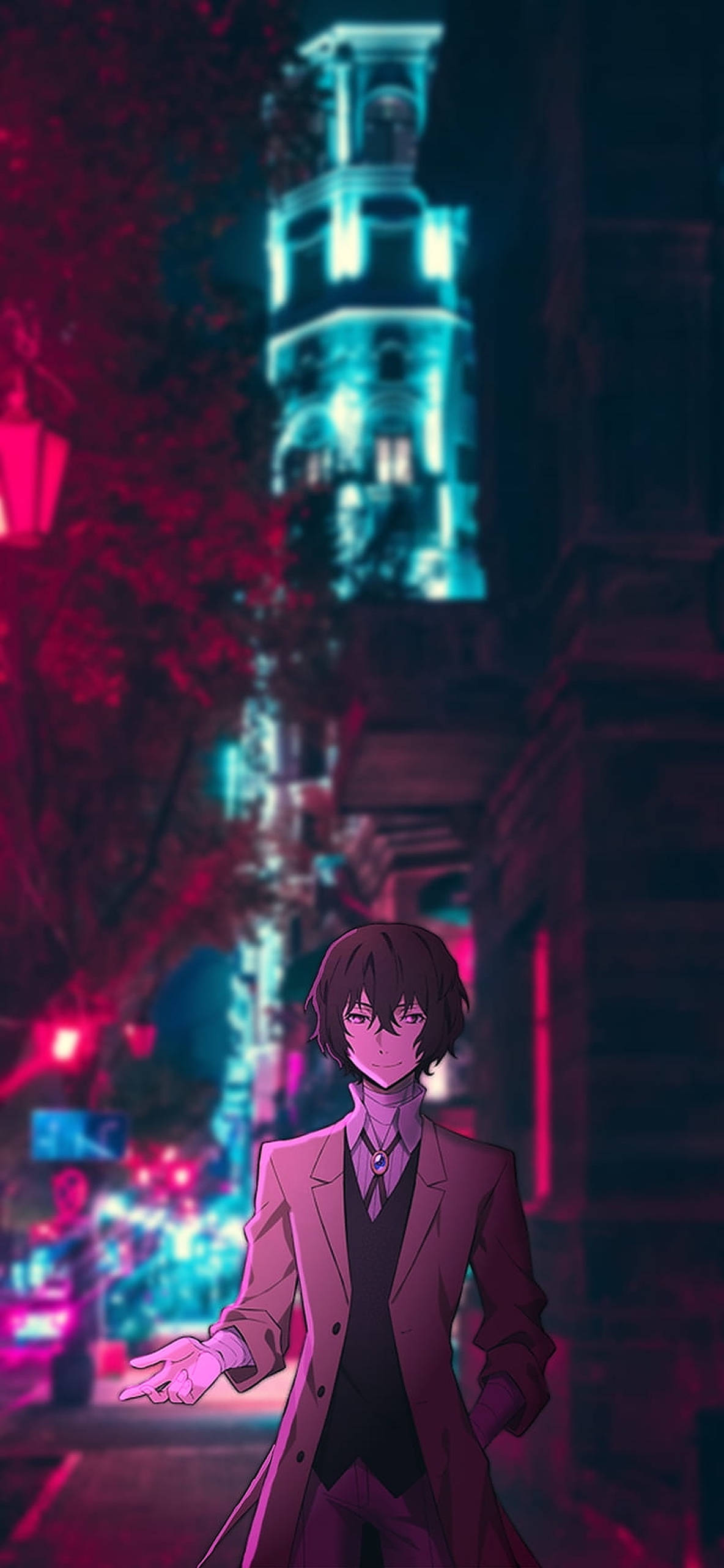 Dazai 桌布 壁紙 — 一個年輕的動漫角色站在夜晚霓虹燈閃爍的城市小巷中，身後是發光的粉紅色和青色燈光照亮的高聳建築。
