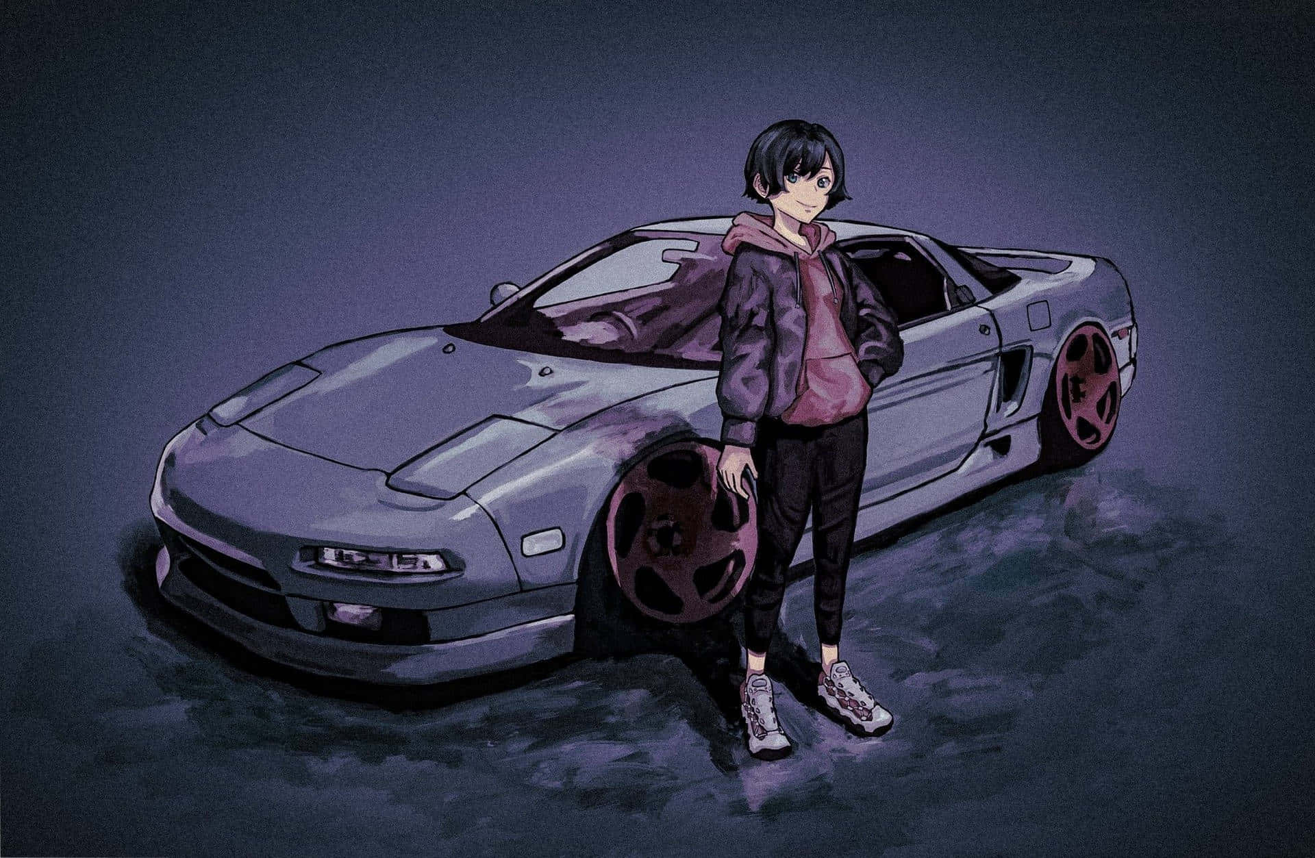 動漫車 桌布 壁紙 — 一個年輕的動漫角色自信地站在一輛時尚的銀色跑車旁，車輪帶有紅色輪圈，背景是陰鬱的紫色夜空。