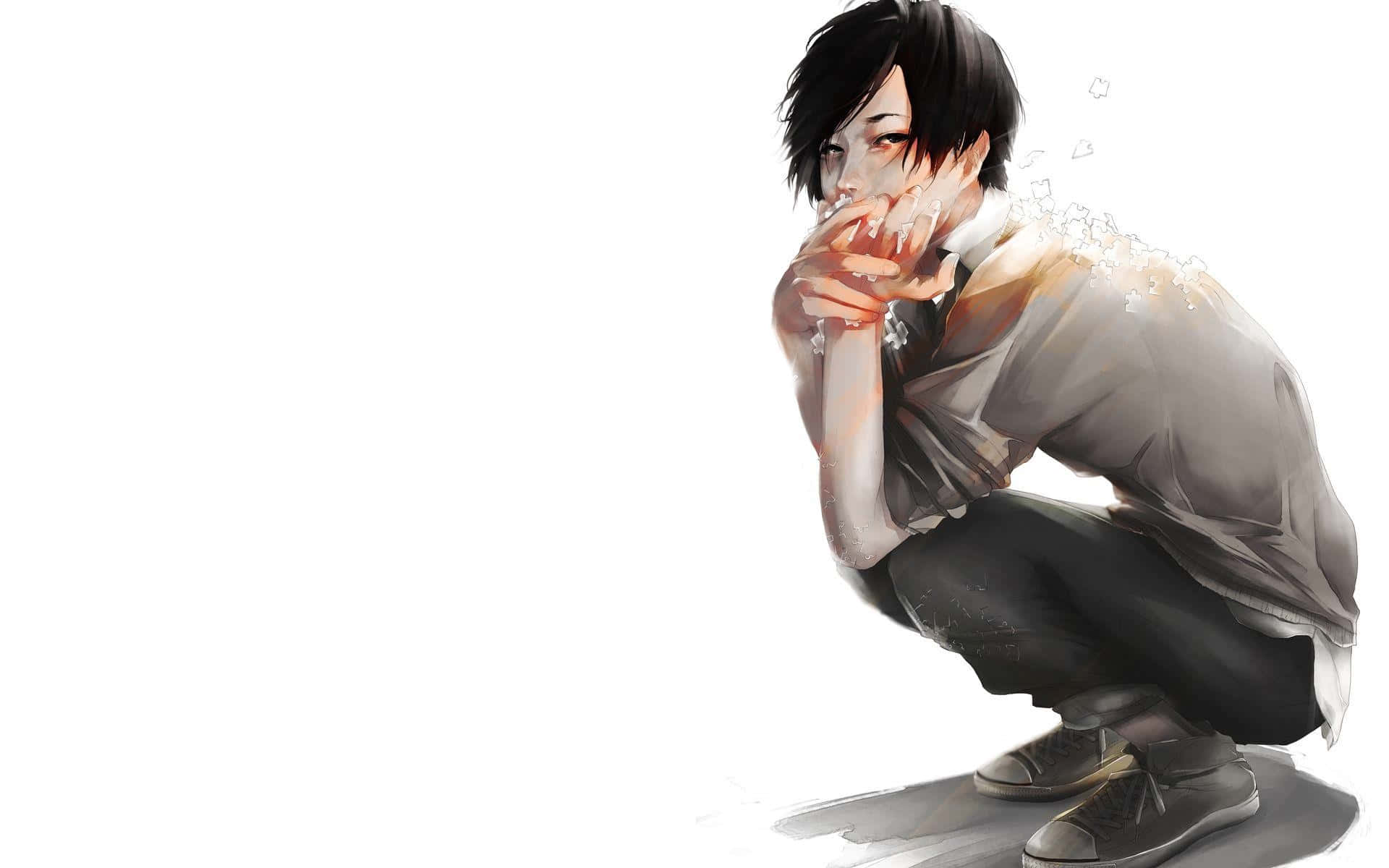 Emo Anime Boy 桌布 壁紙 — 一個年輕的動漫角色蹲著，雙手靠近臉部，呈現沉思姿態，背景為純白色。