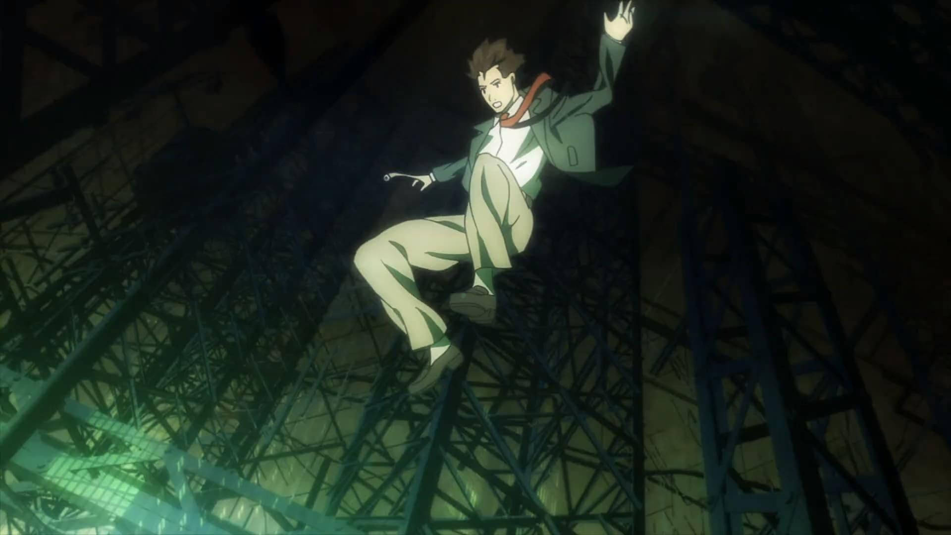 Parasyte 桌布 壁紙 — 一個年輕的動畫男子懸掛在一個帶有綠色照明的黑暗工業金屬結構中。