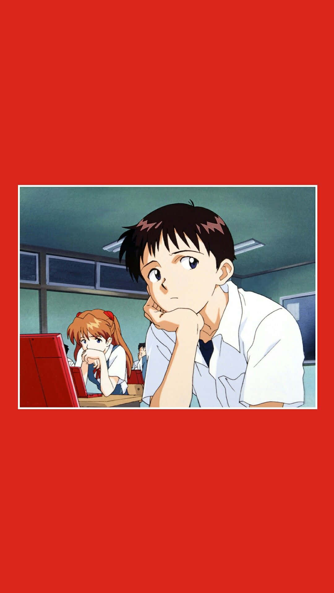 紅色動漫 桌布 壁紙 — 一個年輕的動畫男孩在教室裡用手托著下巴向上看，旁邊有一個女孩。