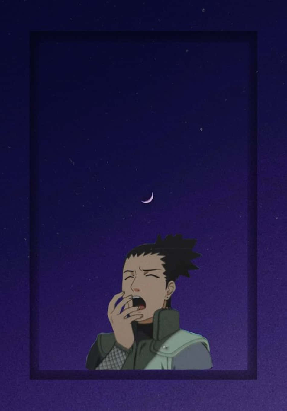桌布 壁紙 — 一個年輕的動畫男孩在繁星點點的夜空下，頭頂一彎新月，大大地打了個呵欠。
