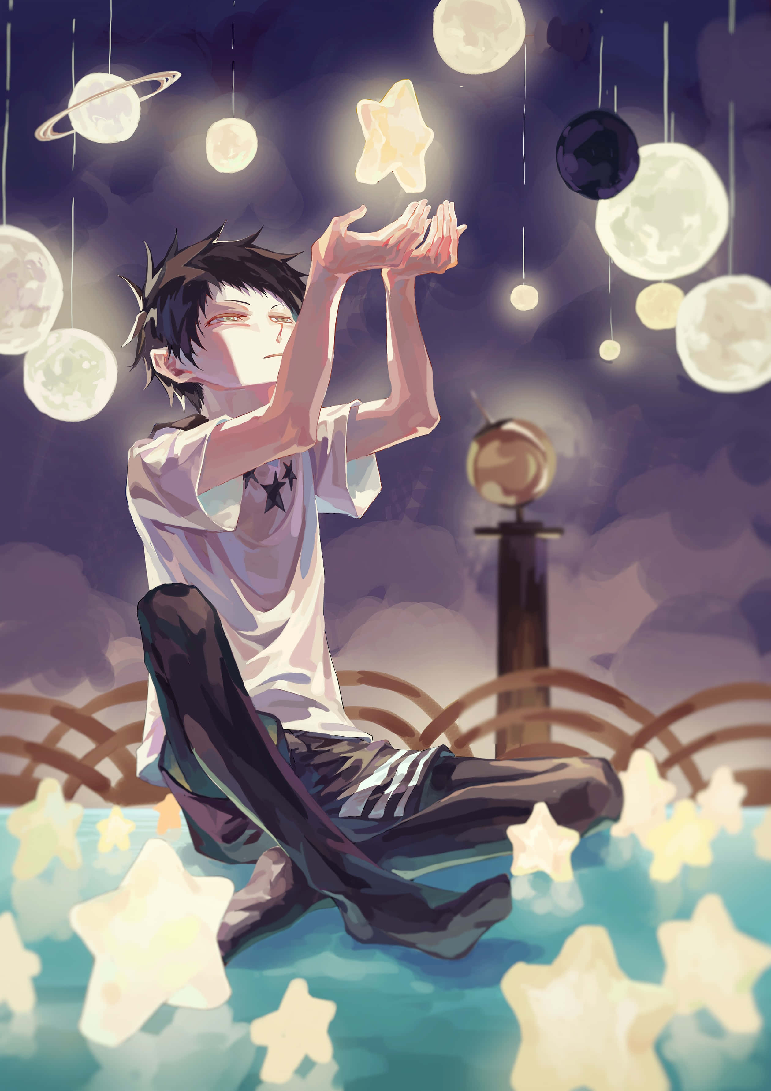Mikado Ryuugamine 桌布 壁紙 — 一個年輕的動畫男孩坐在發光的星空地板上，伸手捕捉漂浮在夢幻紫色天空中的天體。