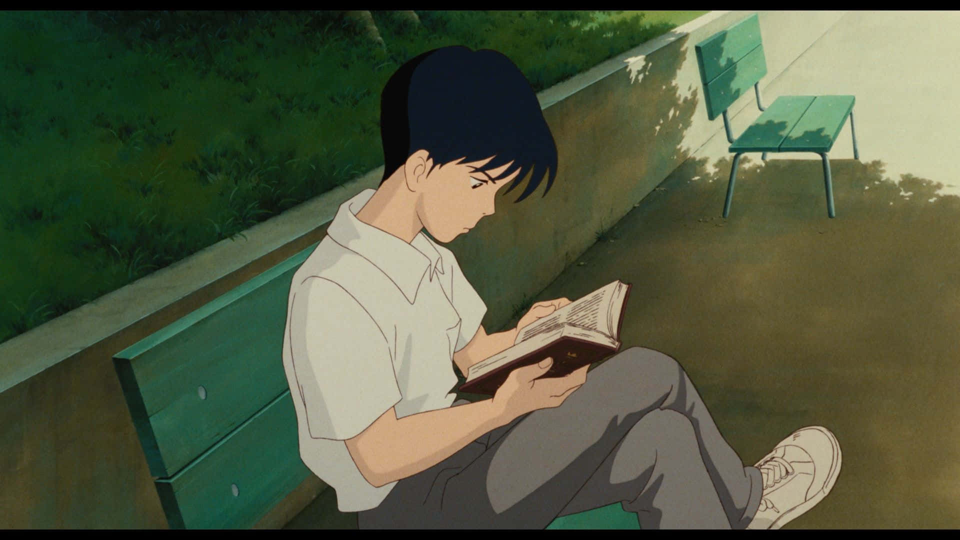 Animated 桌布 壁紙 — 一個年輕的動畫男孩坐在綠色長椅上，在柔和日光下閱讀書籍，附近有茂密的綠植。