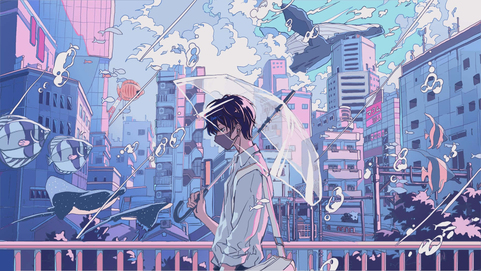 Aesthetic Anime City 桌布 壁紙 — 一個年輕的動畫男孩拿著一把透明雨傘，魚和鰩魚在超現實的粉藍色城市景觀中游動。