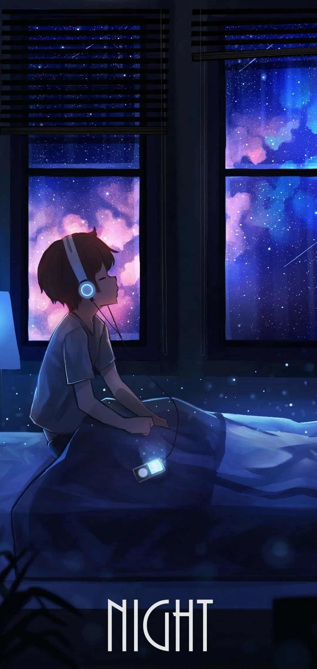 Beautiful Sad Anime 桌布 壁紙 — 一個年輕的動畫男孩晚上坐在床上，戴著耳機聽音樂，身後充滿活力的星雲填滿了窗戶。