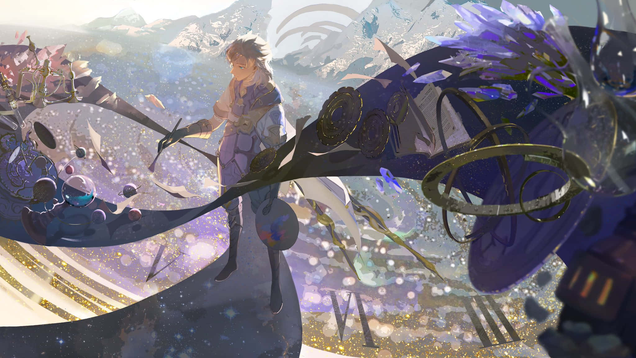 Genshin Impact Albedo 桌布 壁紙 — 一個年輕的動畫男孩站在一個巨大的破鐘上，周圍是閃爍的宇宙碎片和漂浮的羅馬數字，背景是雪山。