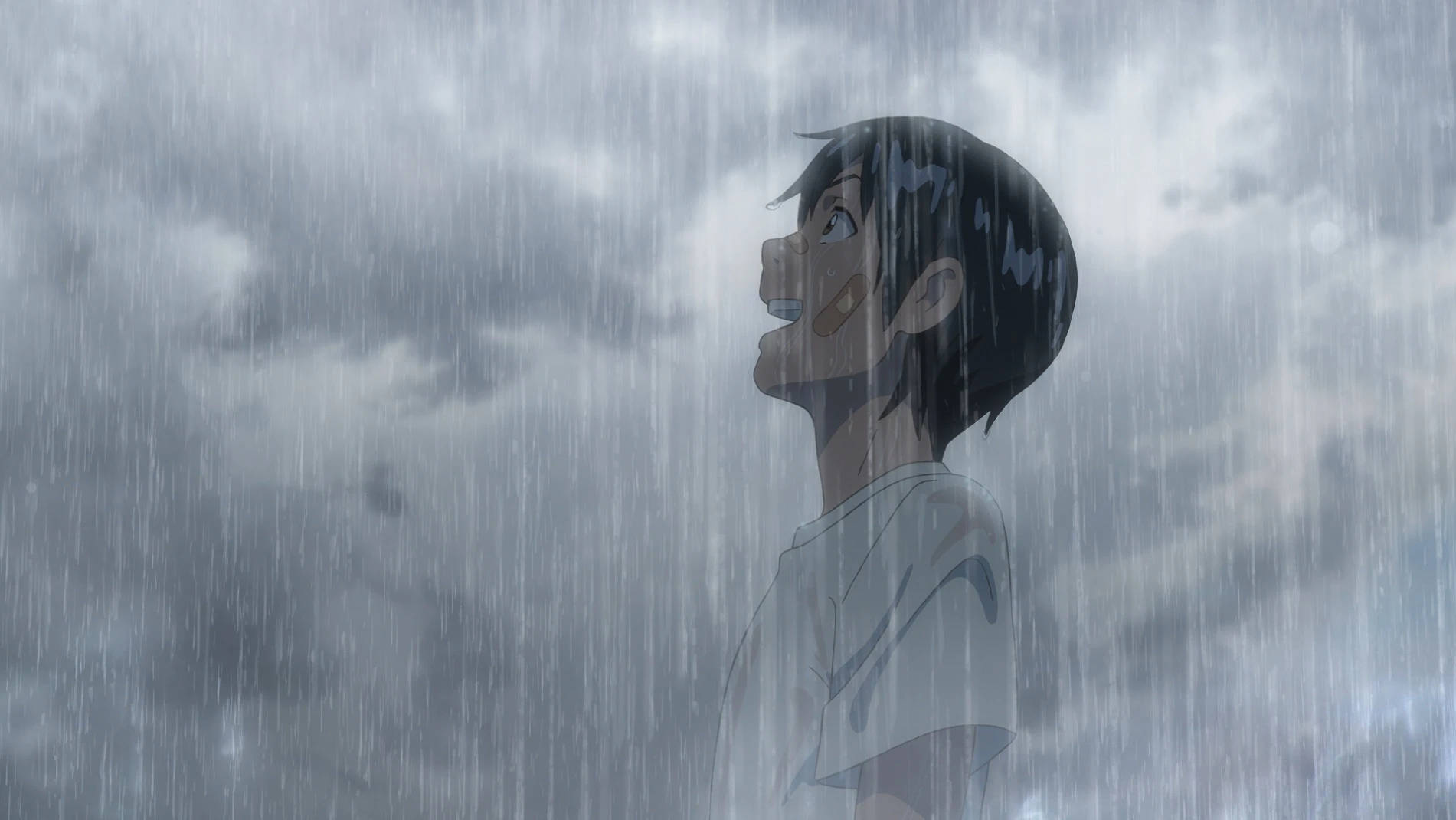 Makoto Shinkai 桌布 壁紙 — 一個年輕的動畫男孩站在大雨中，帶著喜悅的表情仰望灰色的暴風雨天空。