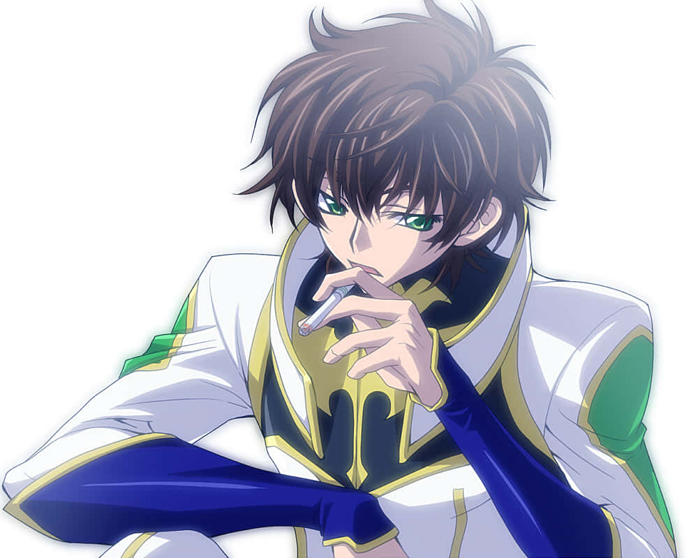 Suzaku Kururugi 桌布 壁紙 — 一個年輕的動畫男性，擁有尖刺的棕色頭髮和綠色眼睛，在純白色背景前拿著一支香煙。