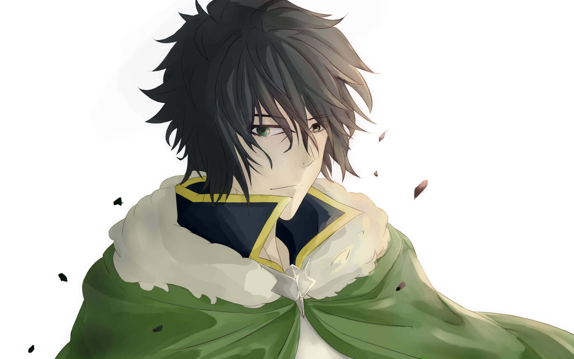 Shield Hero 桌布 壁紙 — 一個年輕的動畫男性，有著凌亂的黑髮和綠色的眼睛，穿著一件帶有白色毛皮飾邊的綠色斗篷，背景是純白色。