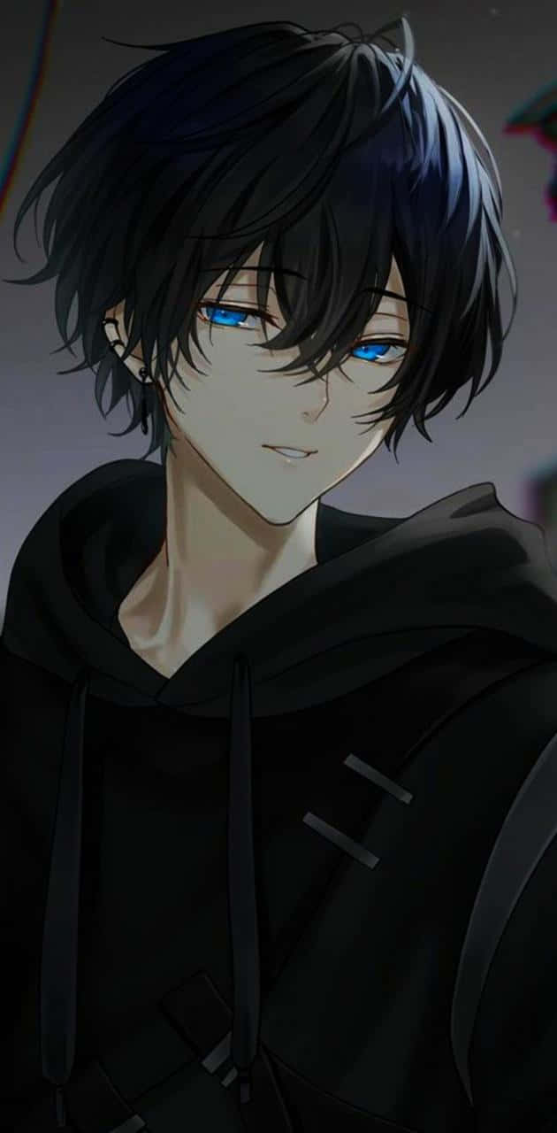 動漫男孩 桌布 壁紙 — 一個年輕的動畫男性，深色頭髮和引人注目的藍色眼睛，穿著黑色連帽衫，背景柔和。