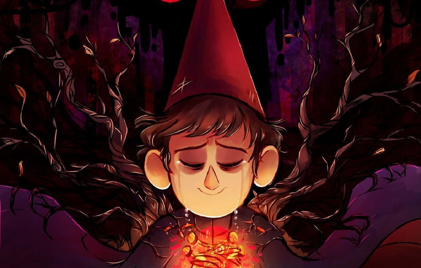 over the garden wall 桌布 壁紙 — 一個年輕的地精閉著眼睛，帶著寧靜的微笑，戴著紅色尖頂帽，被黑暗扭曲的藤蔓環繞，背景為紫色。