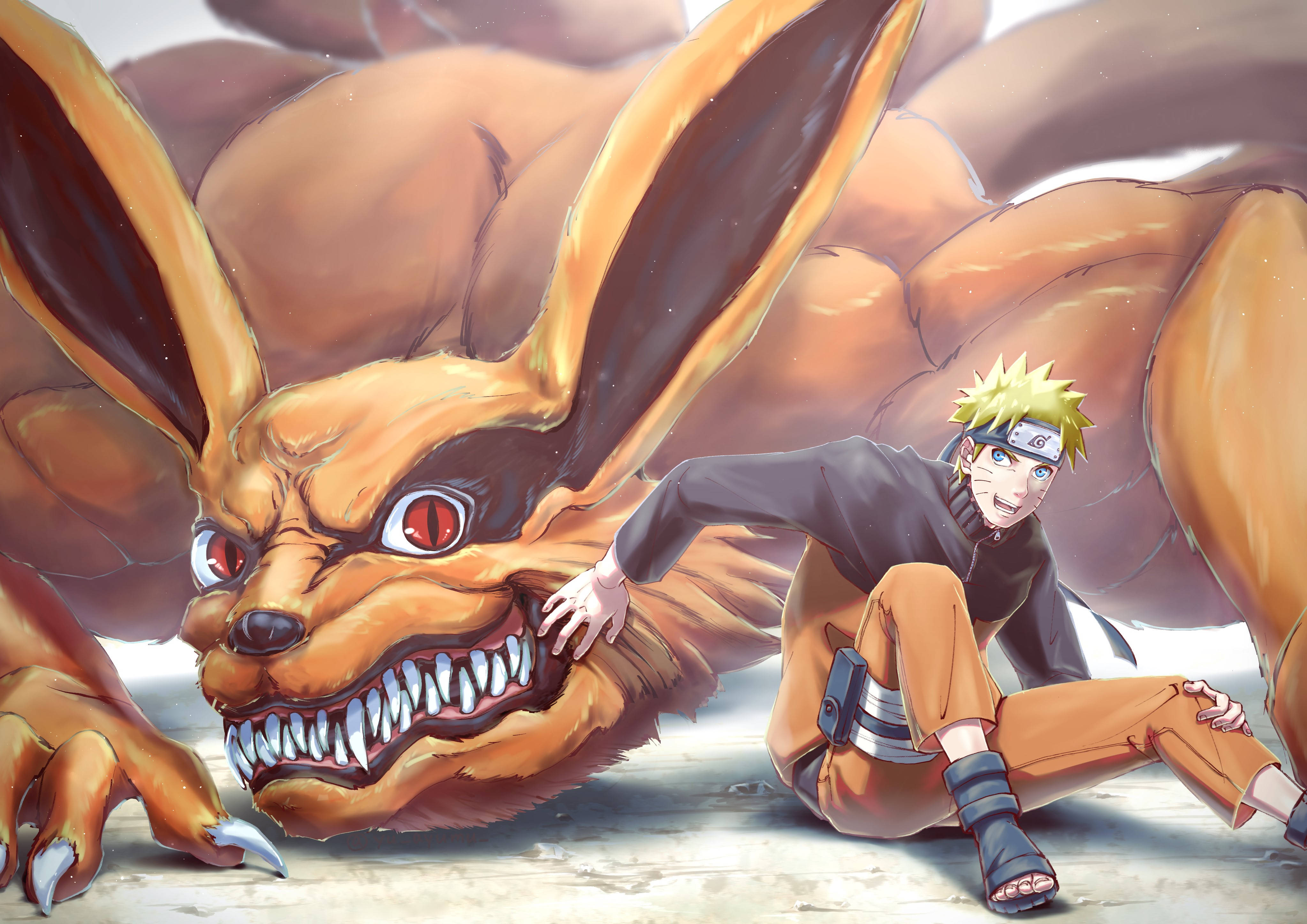 naruto poster 桌布 壁紙 — 一個年輕的忍者，有著尖刺的金色頭髮，跪在一隻巨大的九尾狐旁邊，九尾狐有著發光的紅色眼睛和鋒利的爪子。